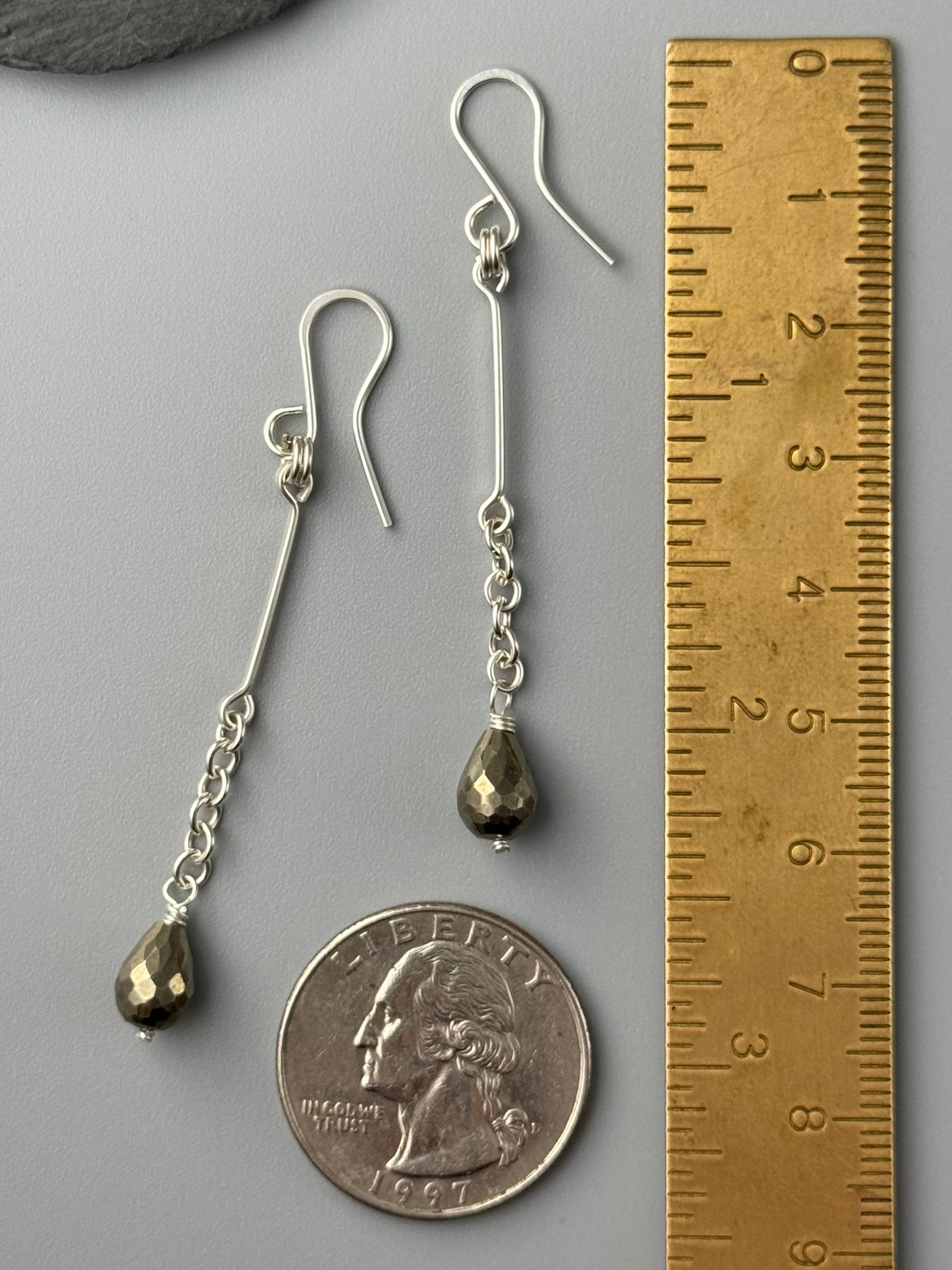 •LINEAR DROP• pyrite + silver dangle earrings