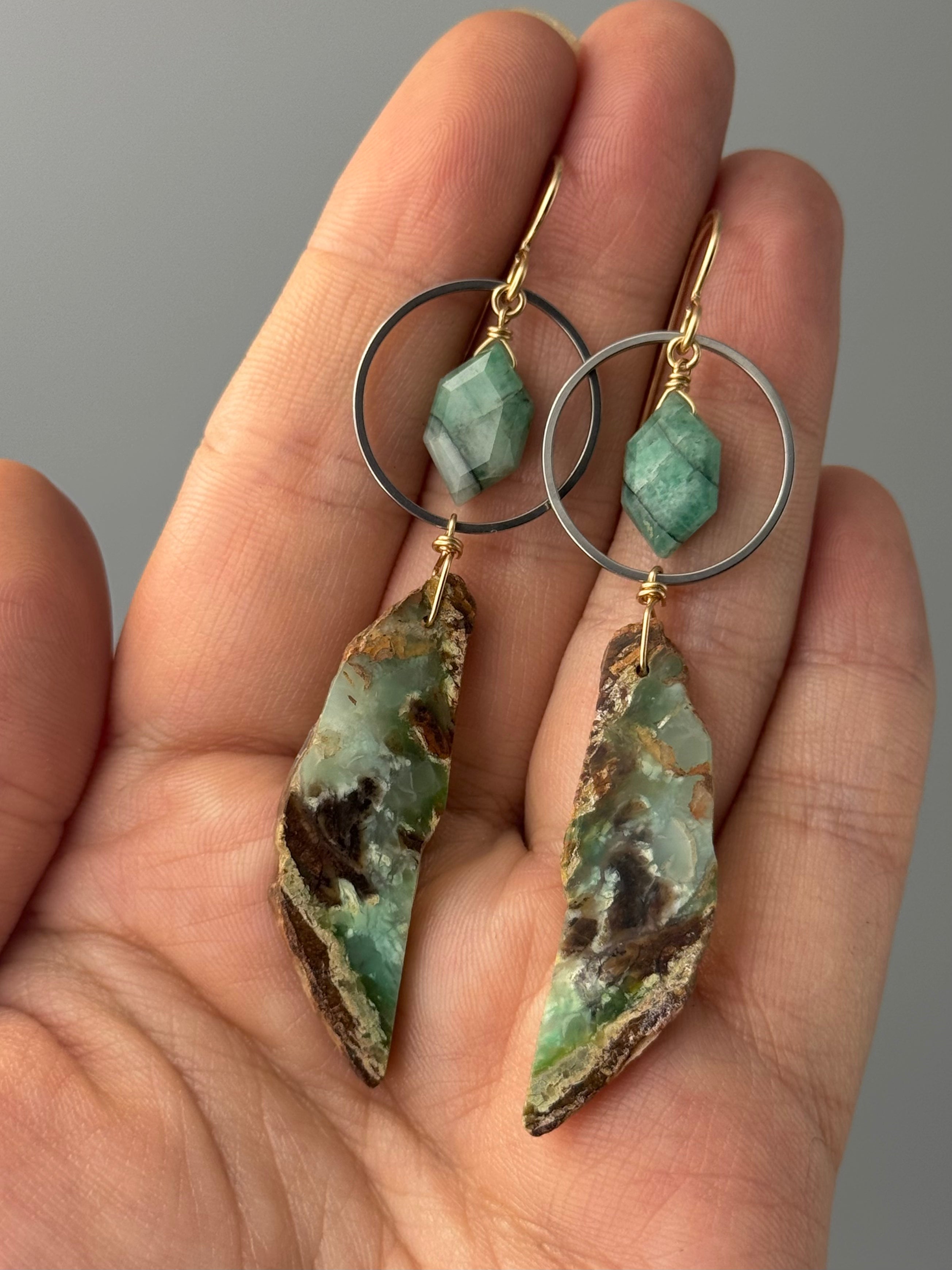 •LUNA• emerald + chrysoprase mixed metal earrings