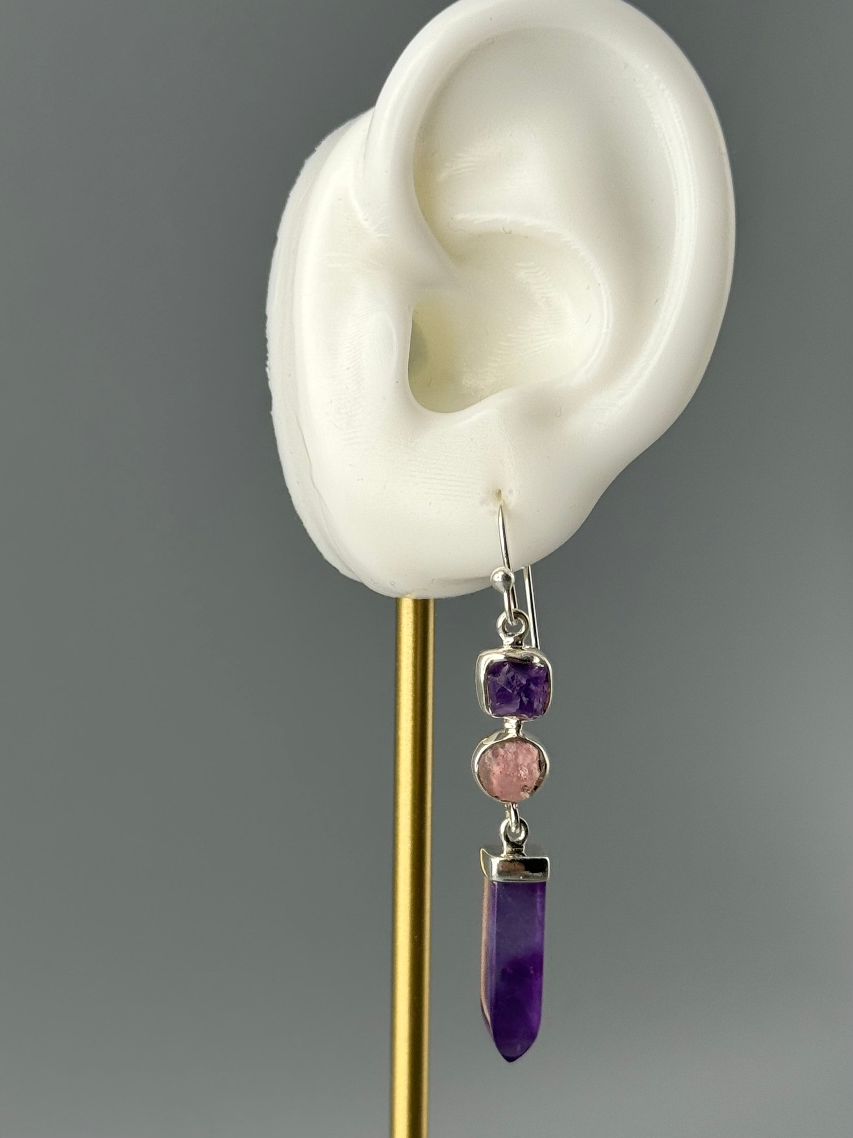 •AMETHYST POINT + ROSE QUARTZ• silver dangle earrings