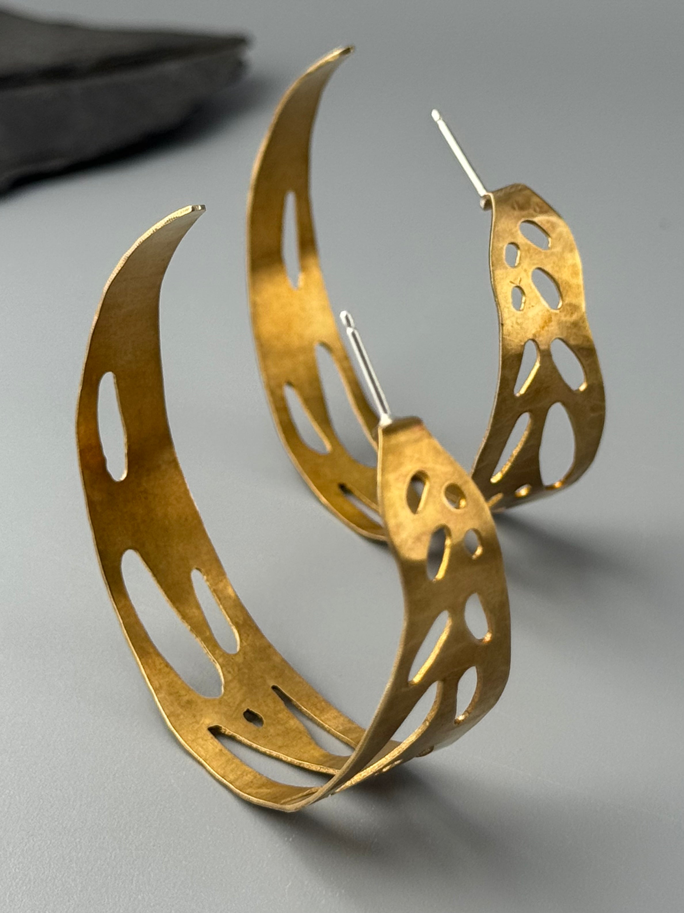 •XL MONSTERA HOOPS• brass + silver post earrings