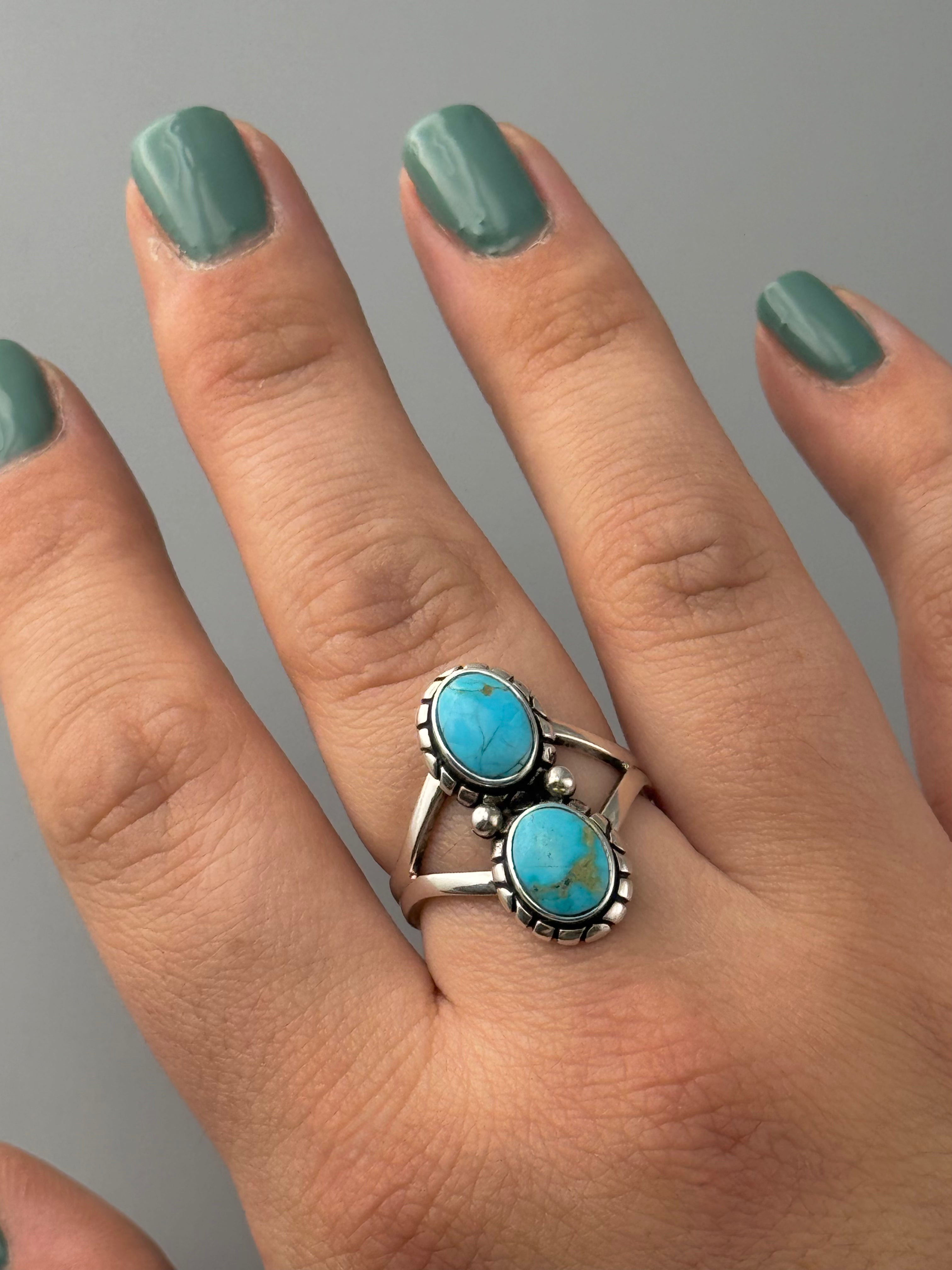 •BLUE RIDGE NEVADA TURQUOISE - NAAKI• Navajo silver ring (size 9)