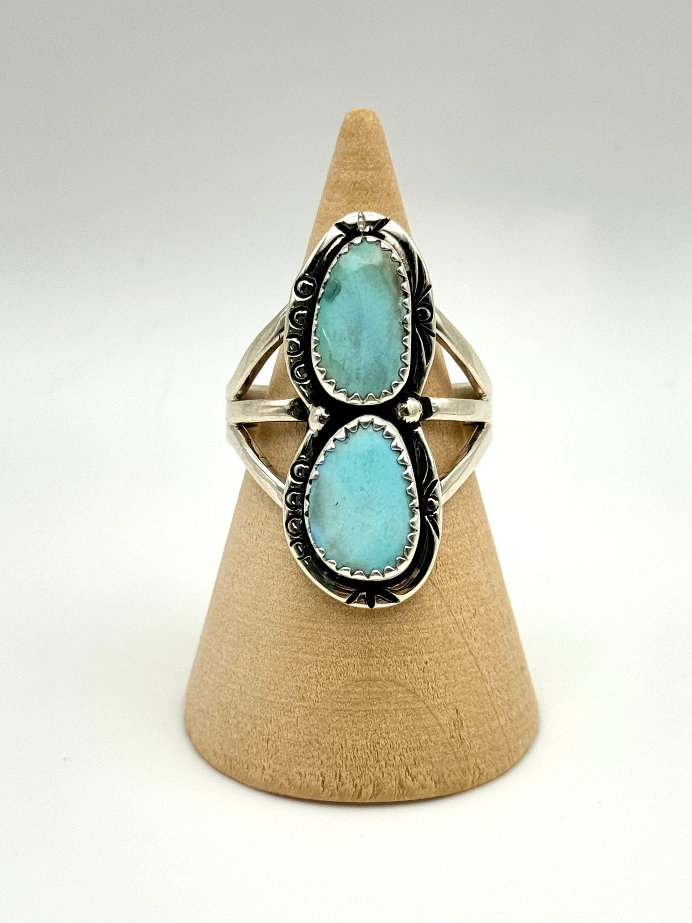 •GOLDEN HILL TURQUOISE - 2• Navajo silver double stone ring (size 8.75)