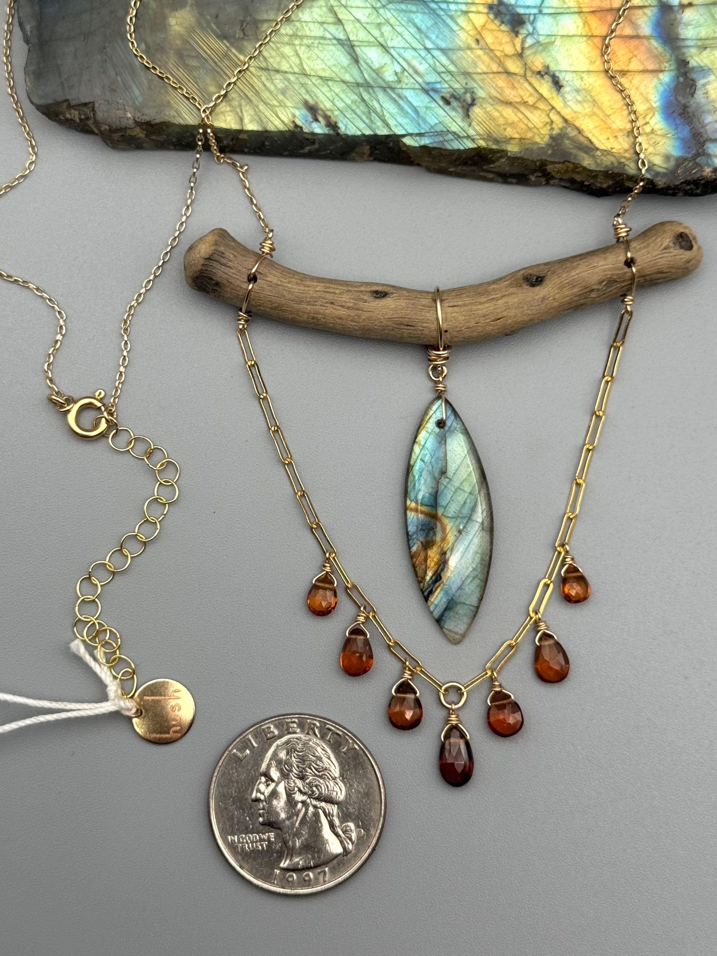 •TOTEM• labradorite + hessonite garnet gold necklace (16"-18" long)