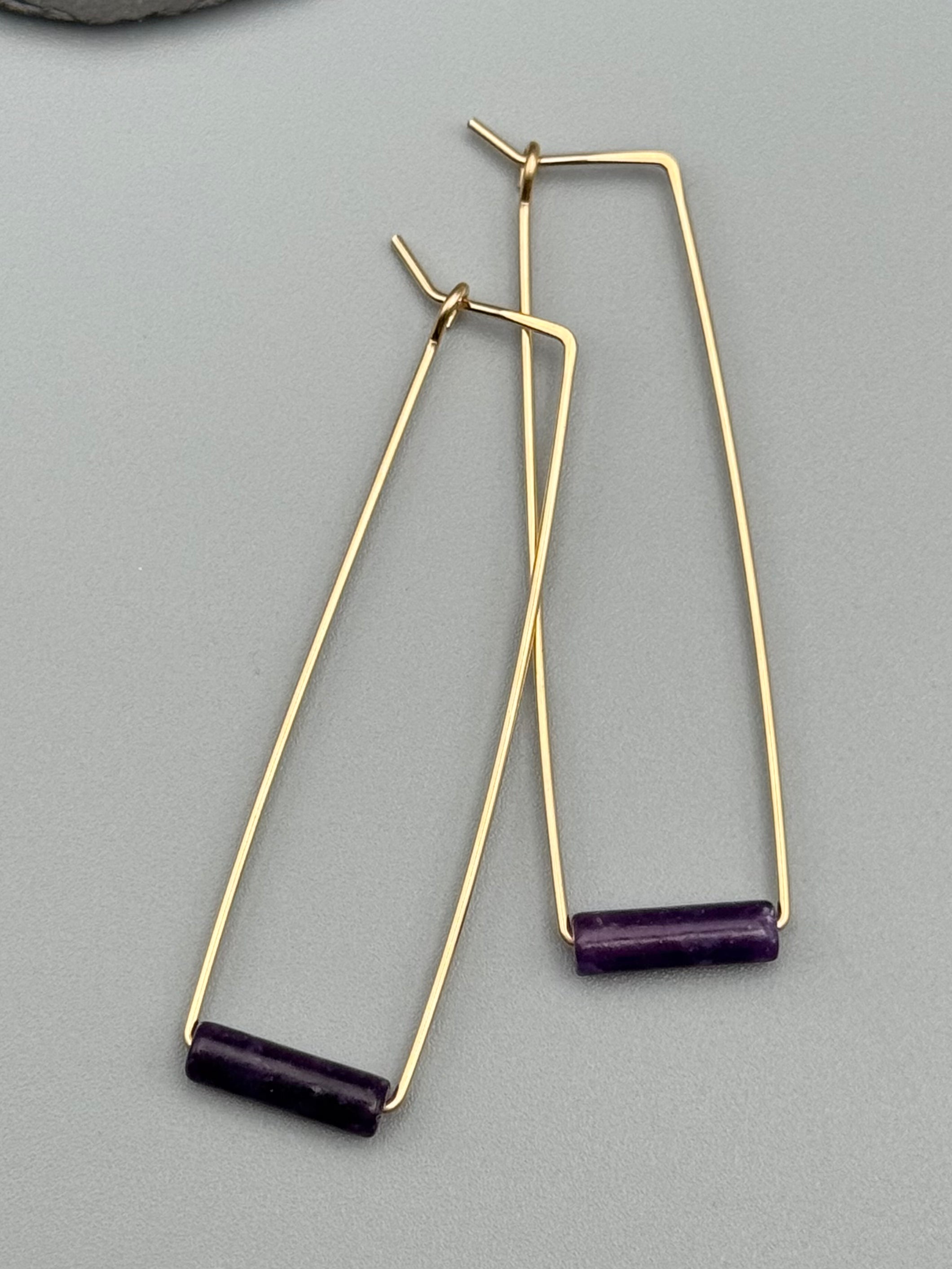 •RECTANGLE TUBE HOOP• amethyst + gold earrings
