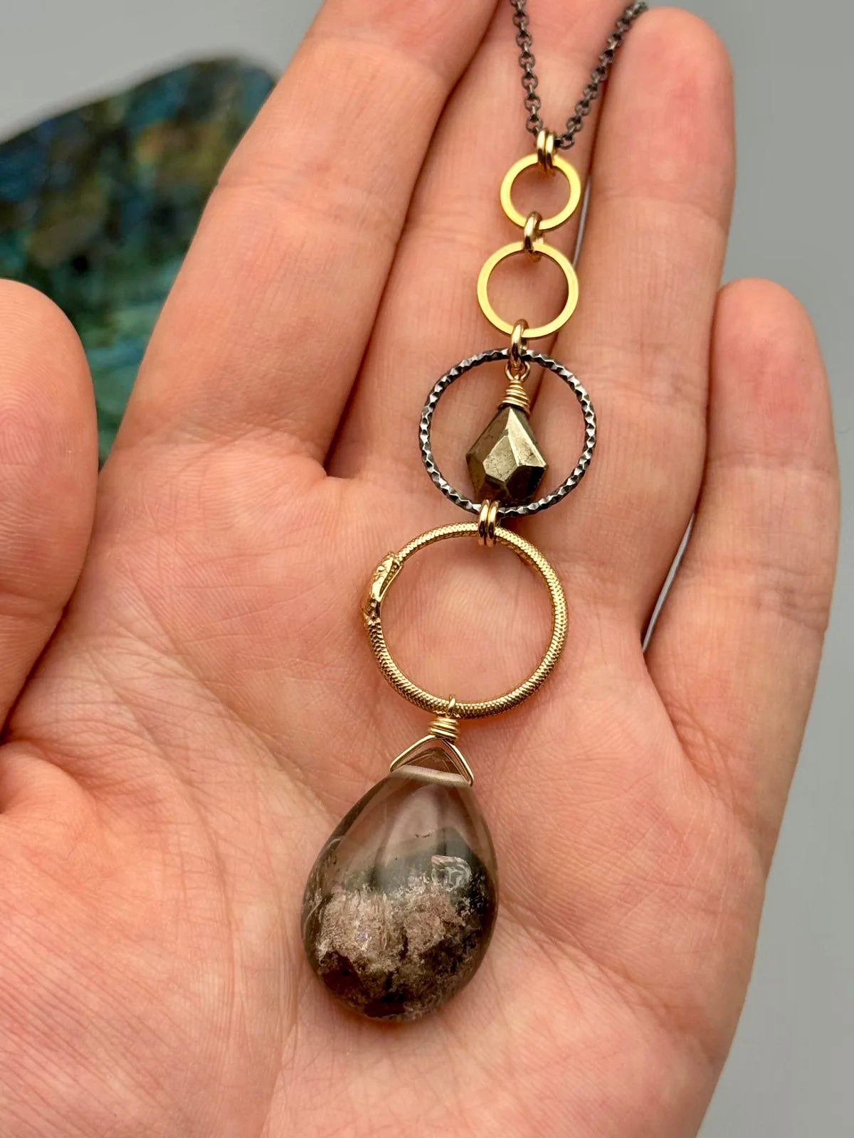 •NĀGA• pyrite + lodolite mixed metal necklace (26"-28" long)
