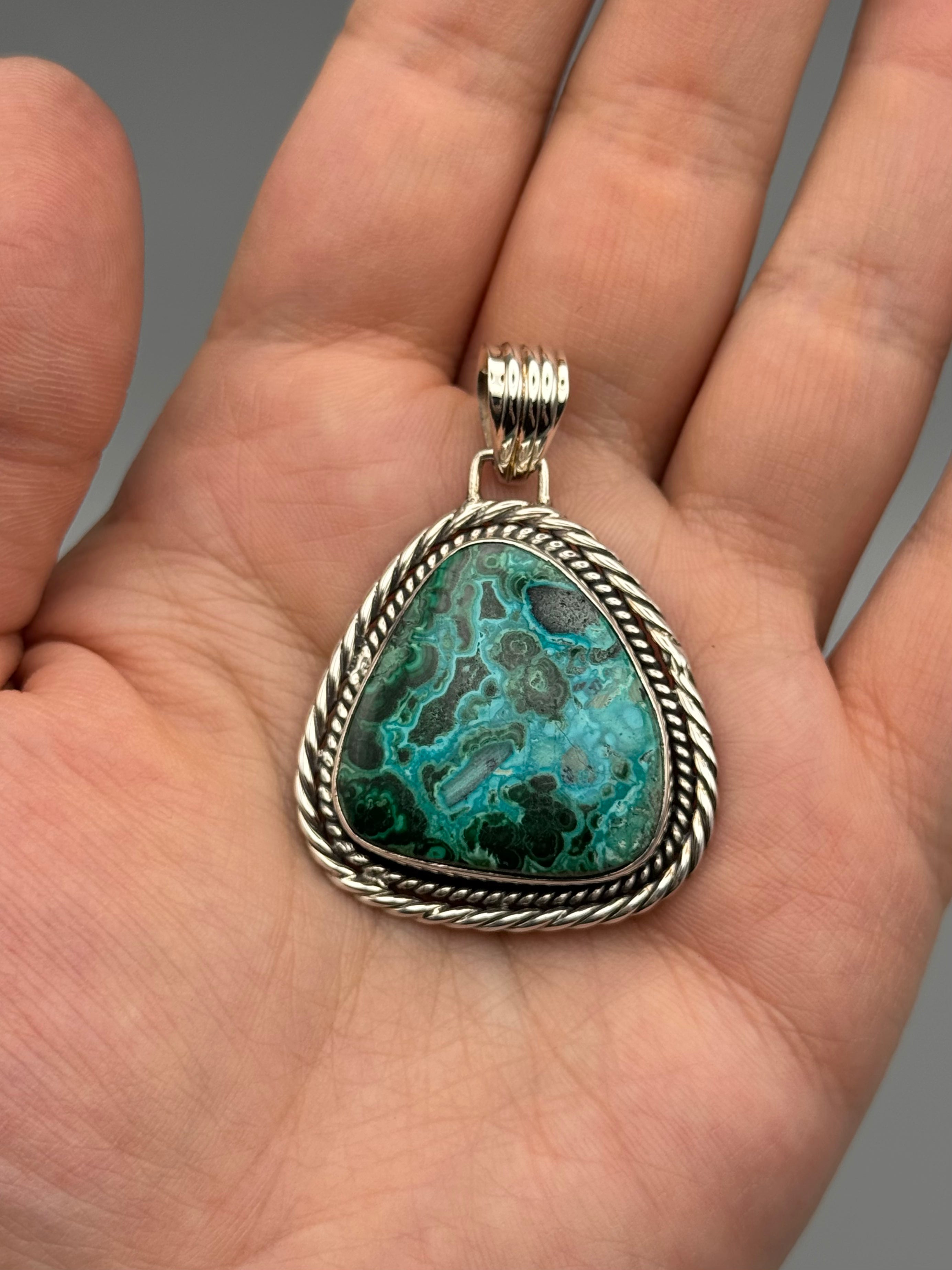 •MALACHITE CHRYSOCOLLA - FREEFORM• rope bezel silver pendant