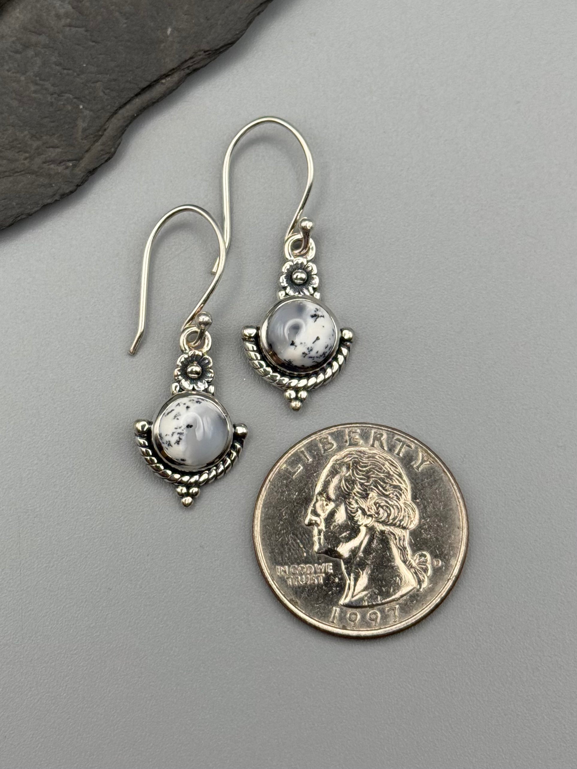 •LIL' ORNATE FLOWER• dendritic opal + silver dangle earrings