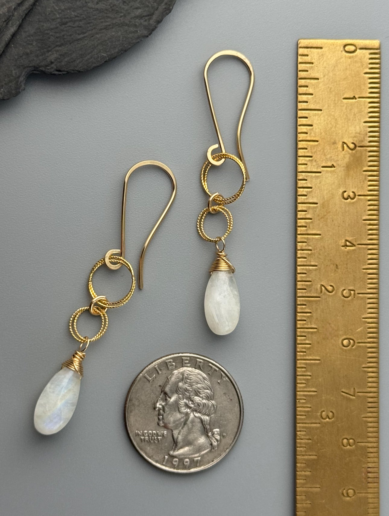 •LINKED DROP• rainbow moonstone + gold dangle earrings