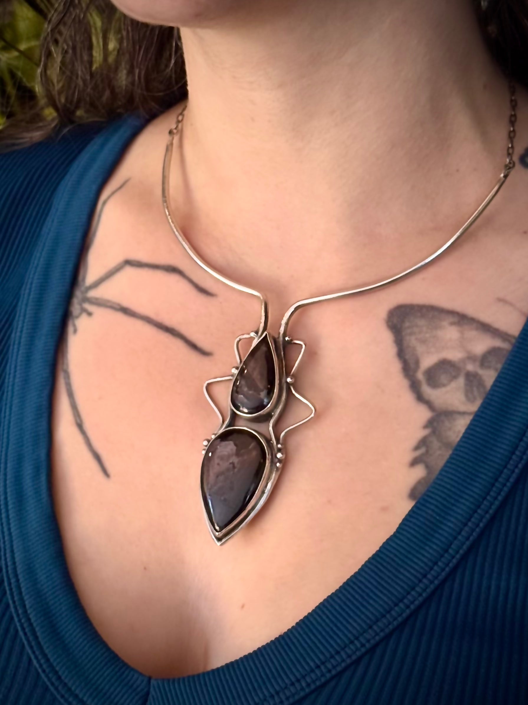 •GROUNDED IN POWER• hypersthene + silver cuff necklace (16" - 20" long)