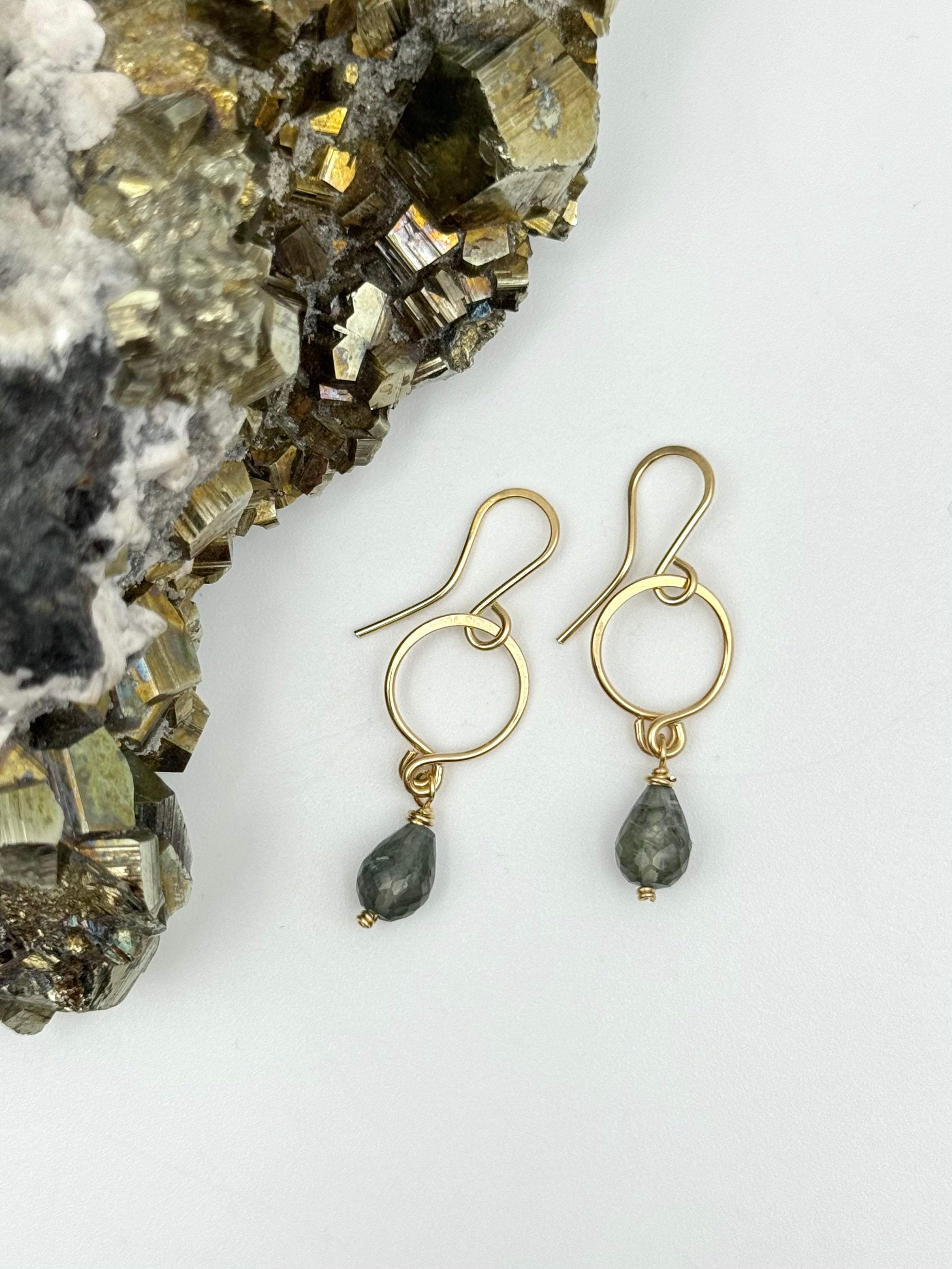 •DROPLET• moss aquamarine + gold dangle earrings