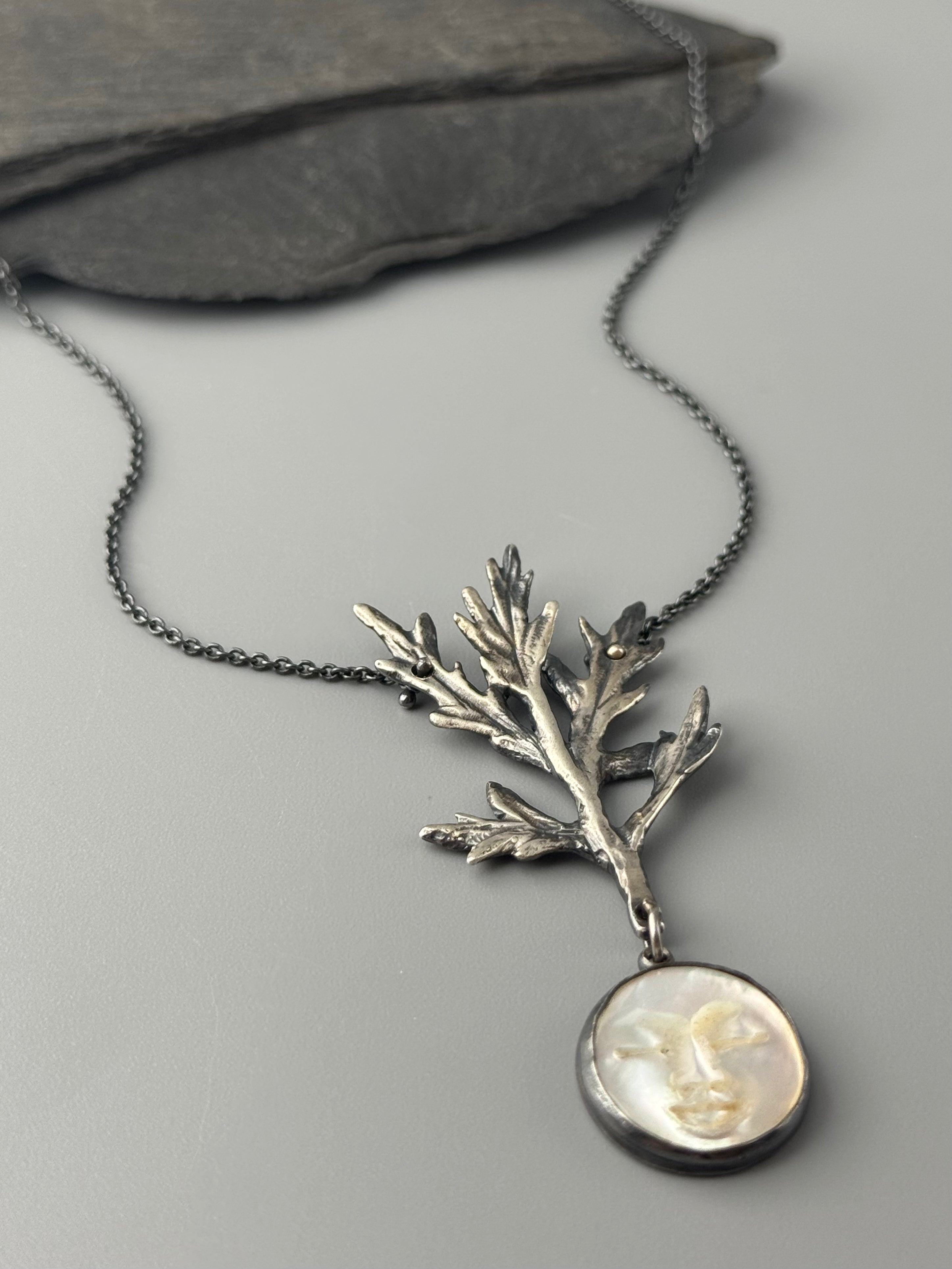 •LIL' LADY MUGWORT• carved mother of pearl + silver necklace (18" long)