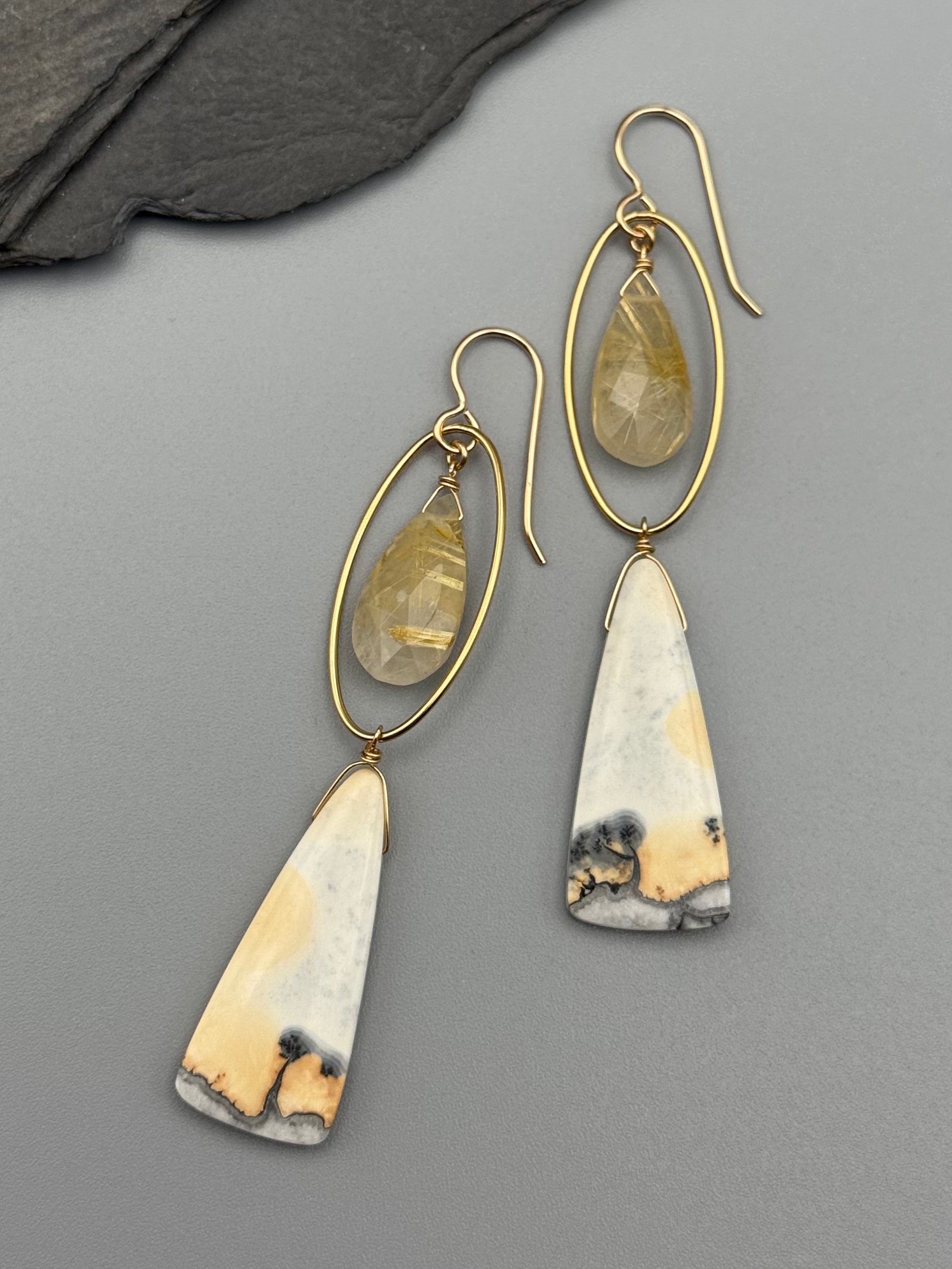 •LUNA• rutilated quartz + jasper gold earrings