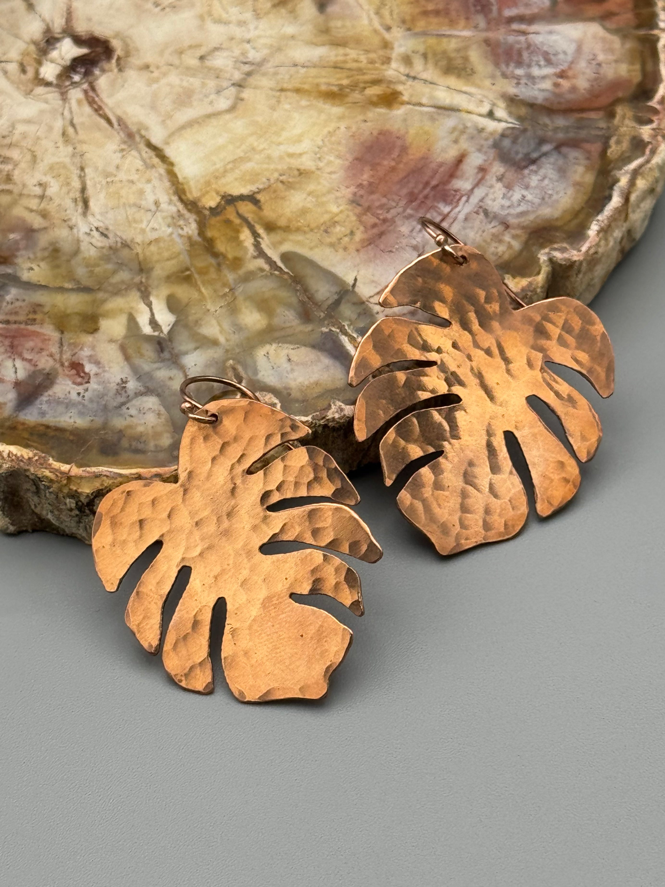 •LIL' MONSTERA• rose gold leaf dangle earrings