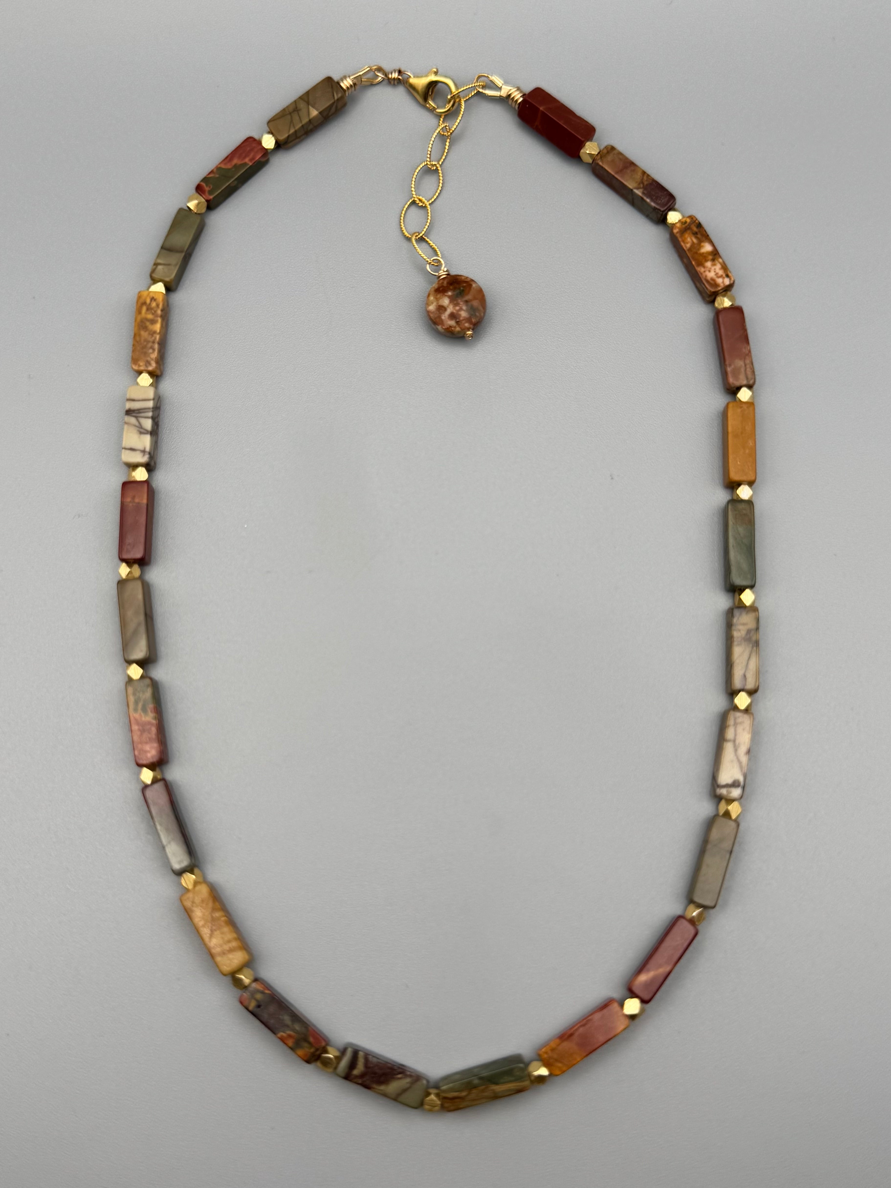 •LIL' CUBOIDS• red creek jasper + gold beaded necklace (16"-17.5" long)