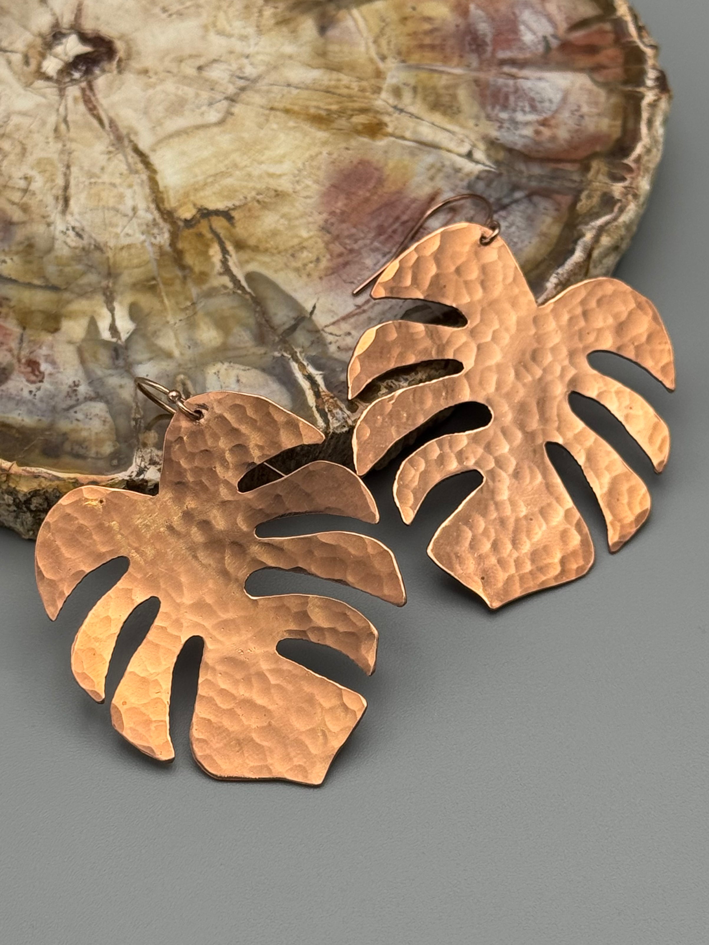 •MEDIUM MONSTERA• rose gold leaf dangle earrings