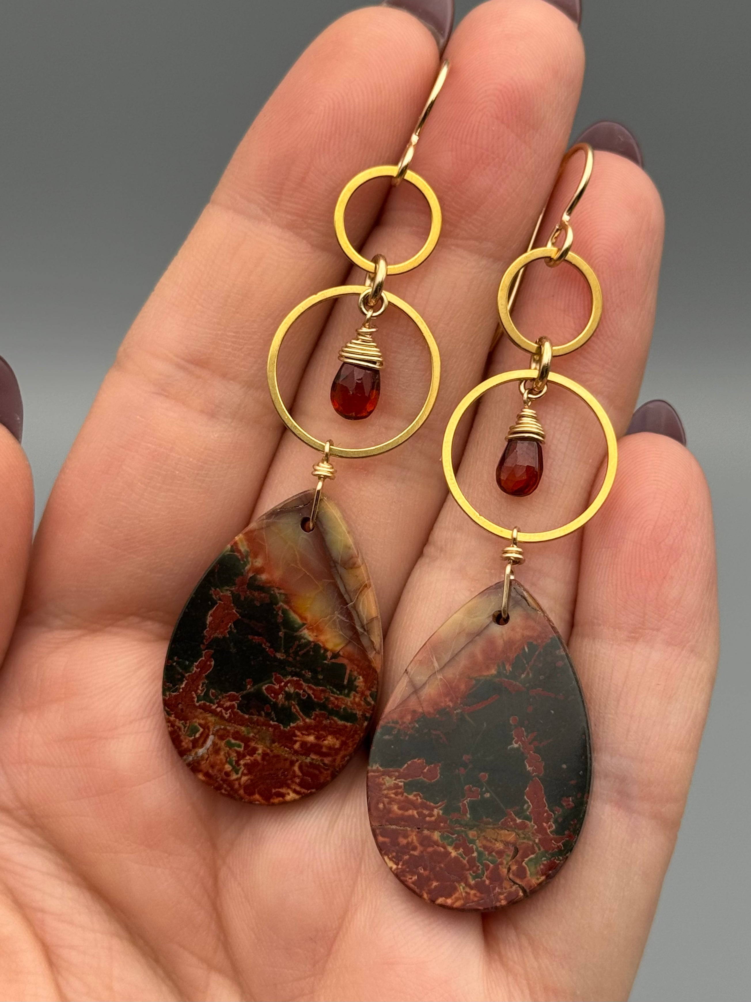 •EQUA-LUNA• hessonite garnet + red creek jasper gold earrings