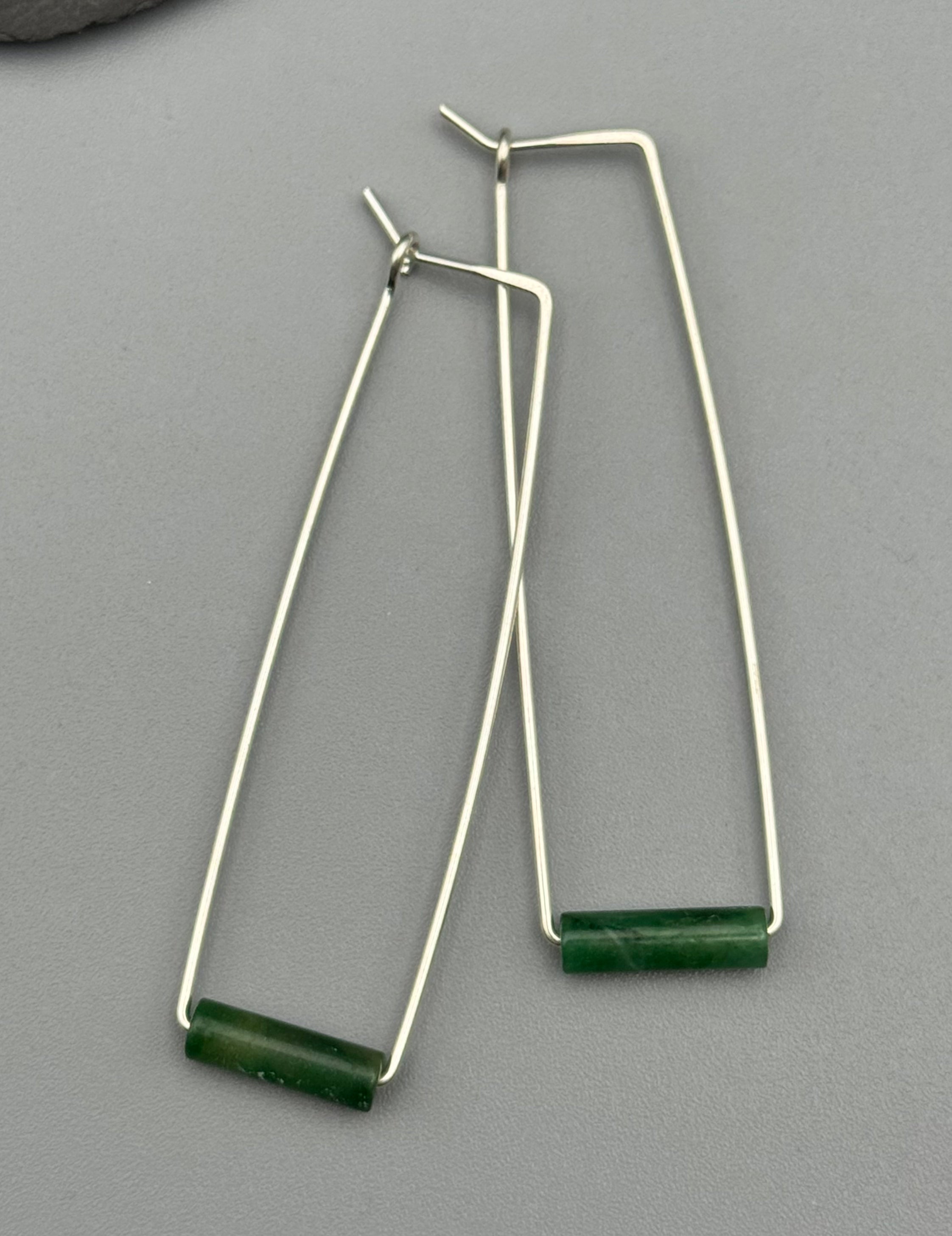 •RECTANGLE TUBE HOOP• jade + silver earrings