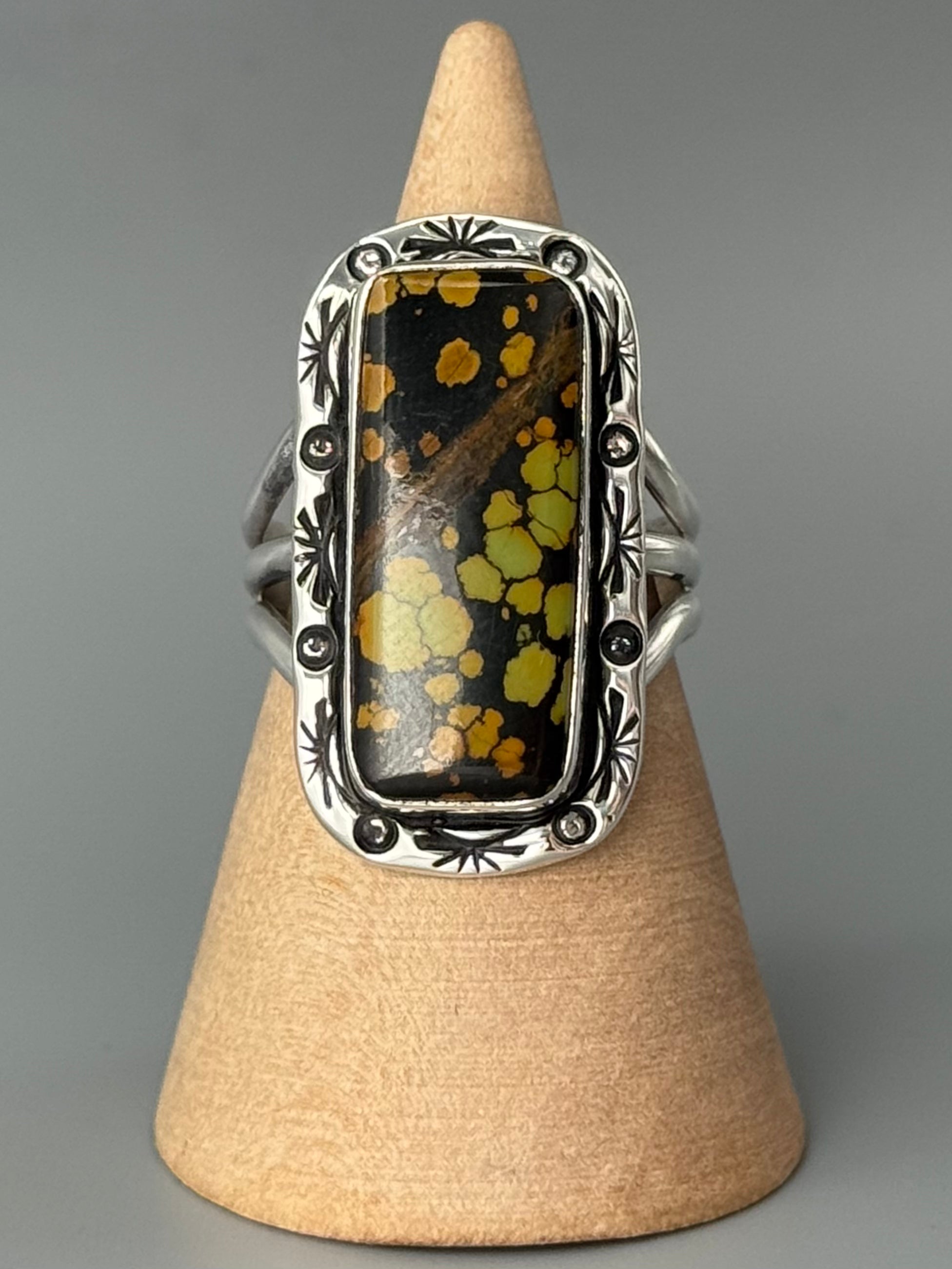 •BLACKJACK TURQUOISE - SHÁ• Navajo silver ring (size 9)