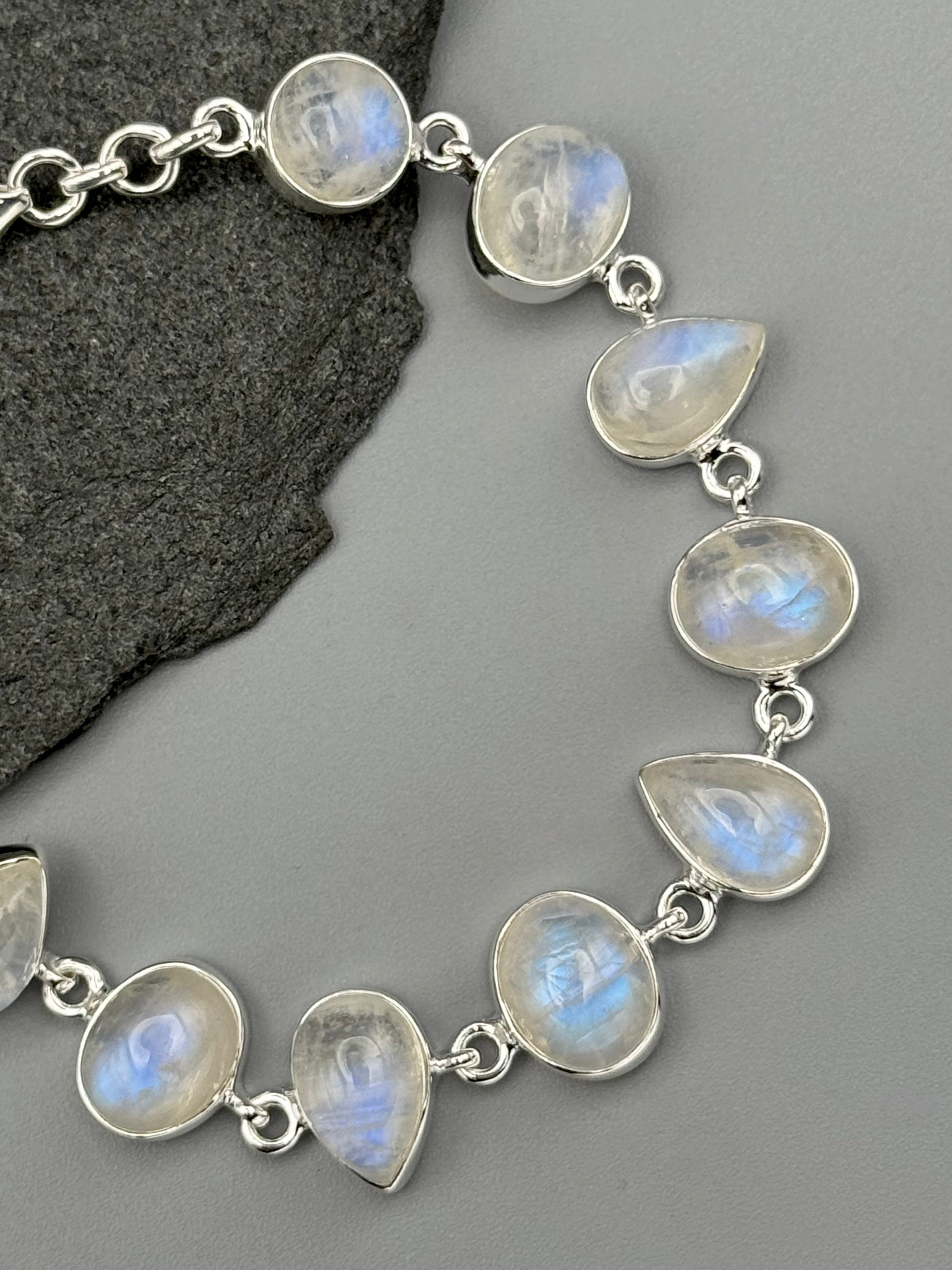 •RAINBOW MOONSTONE - GEO MIX• linked silver bracelet (7.5" - 9")