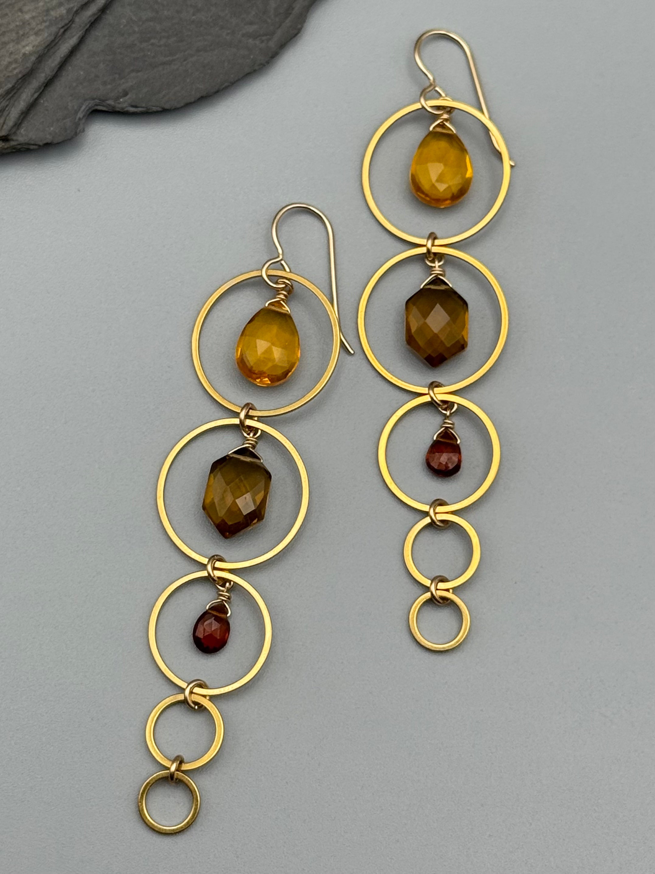 •10 OF CUPS• citrine, smoky quartz + hessonite garnet gold earrings