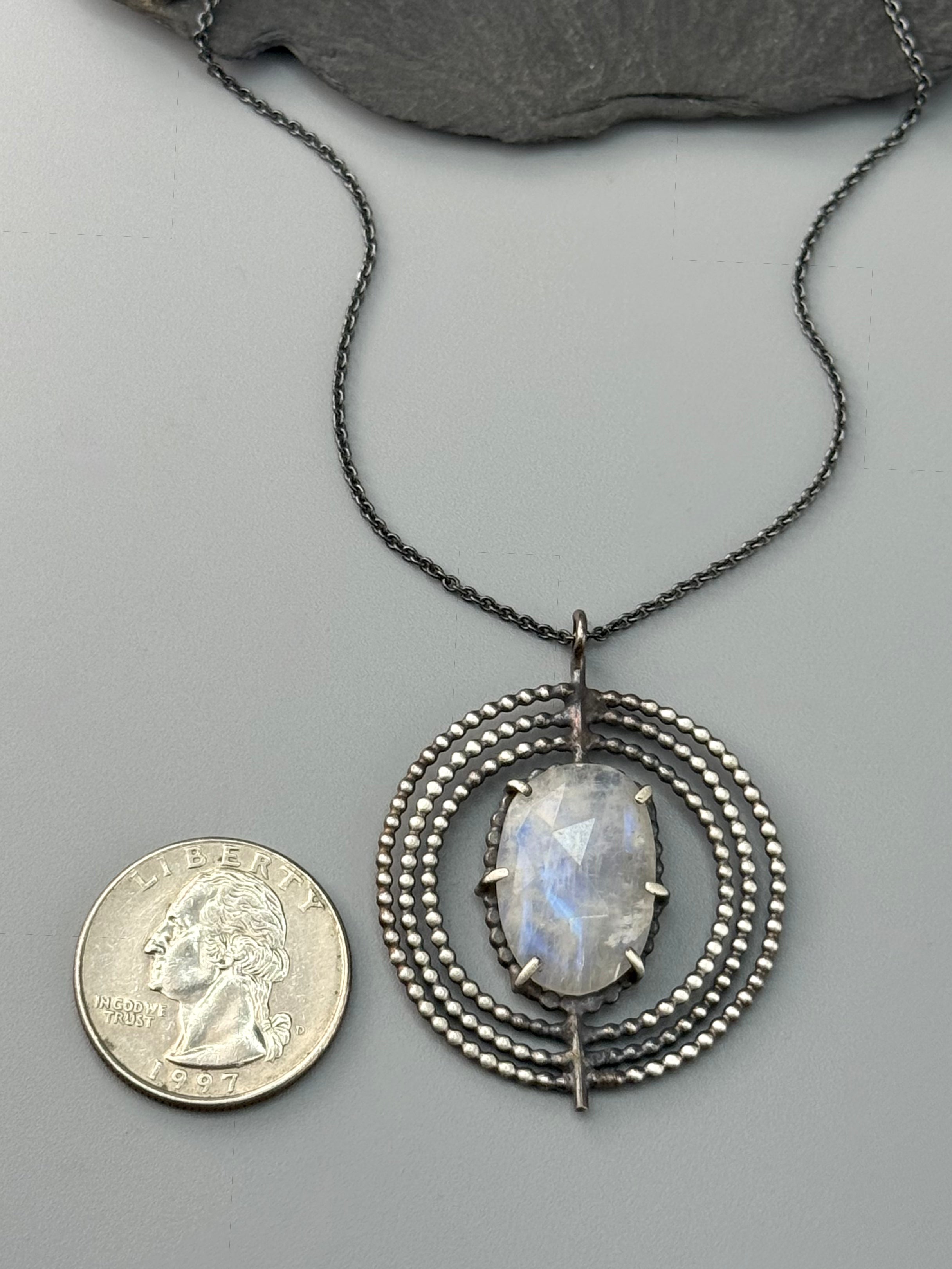 •INNER COMPASS• rainbow moonstone oval + silver necklace (18" long)