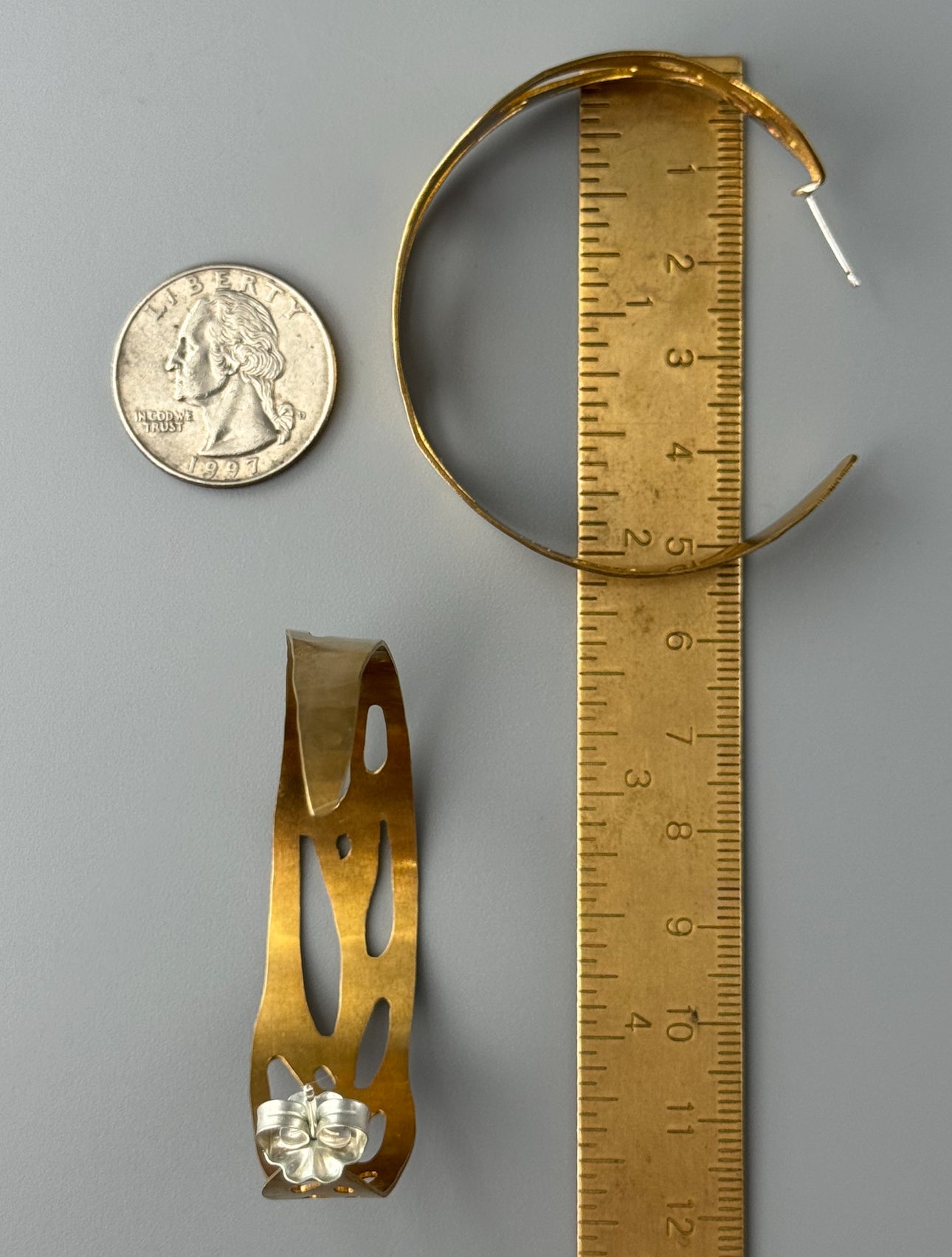 •XL MONSTERA HOOPS• brass + silver post earrings