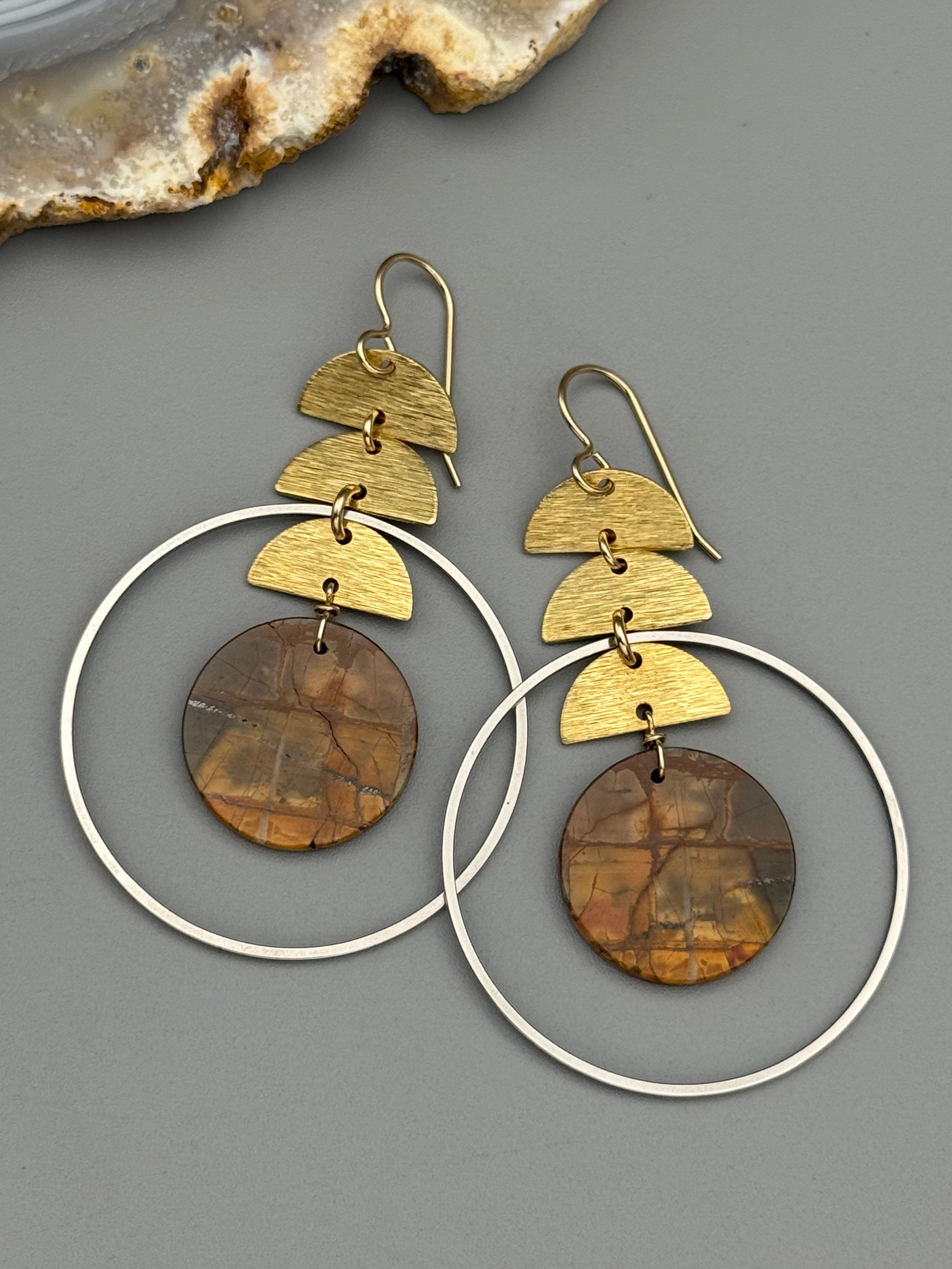 •MOON STACK HOOP• red creek jasper + mixed metal earrings