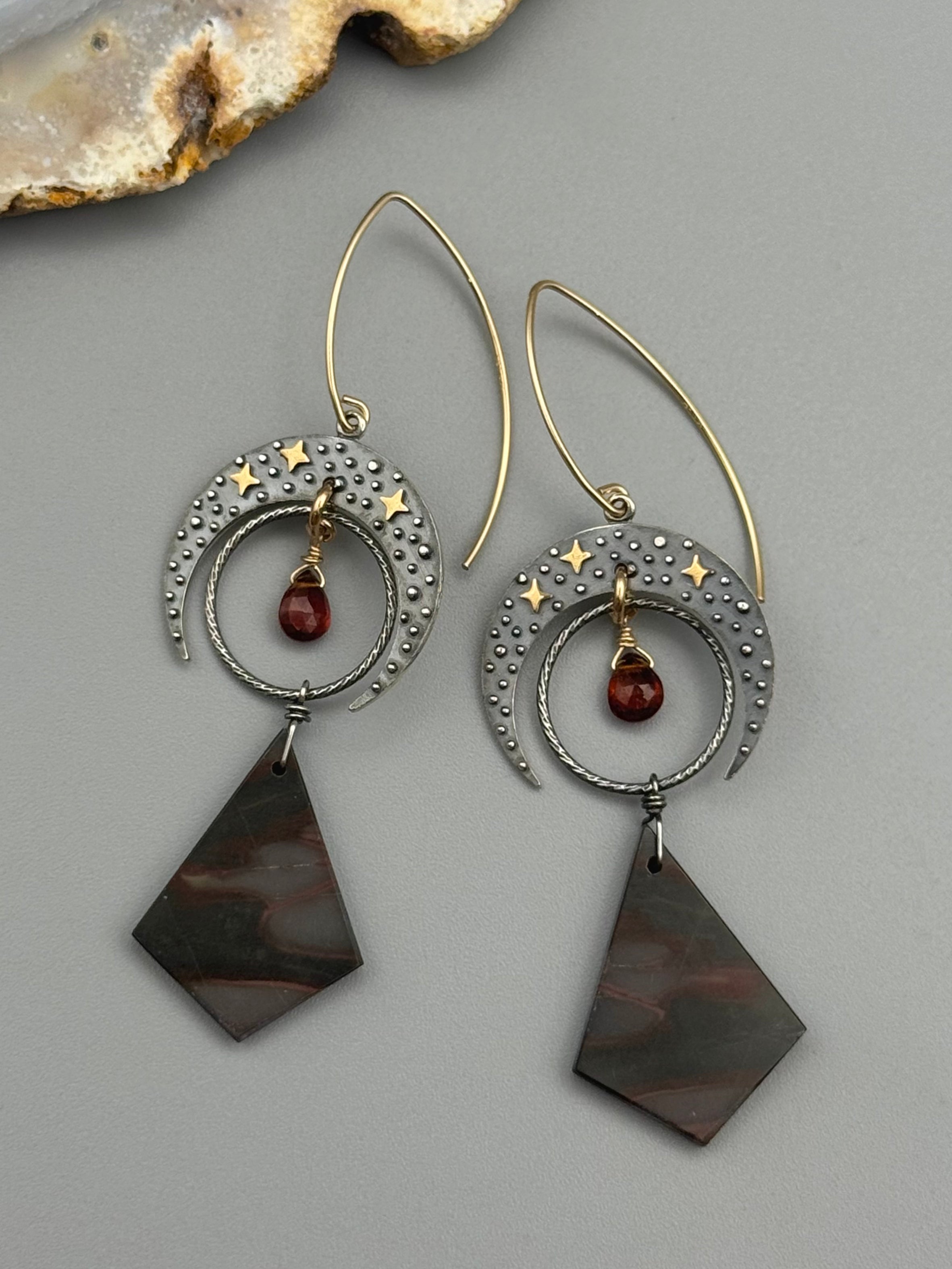 •CELESTIAL LUNA• hessonite garnet + red creek jasper mixed metal earrings