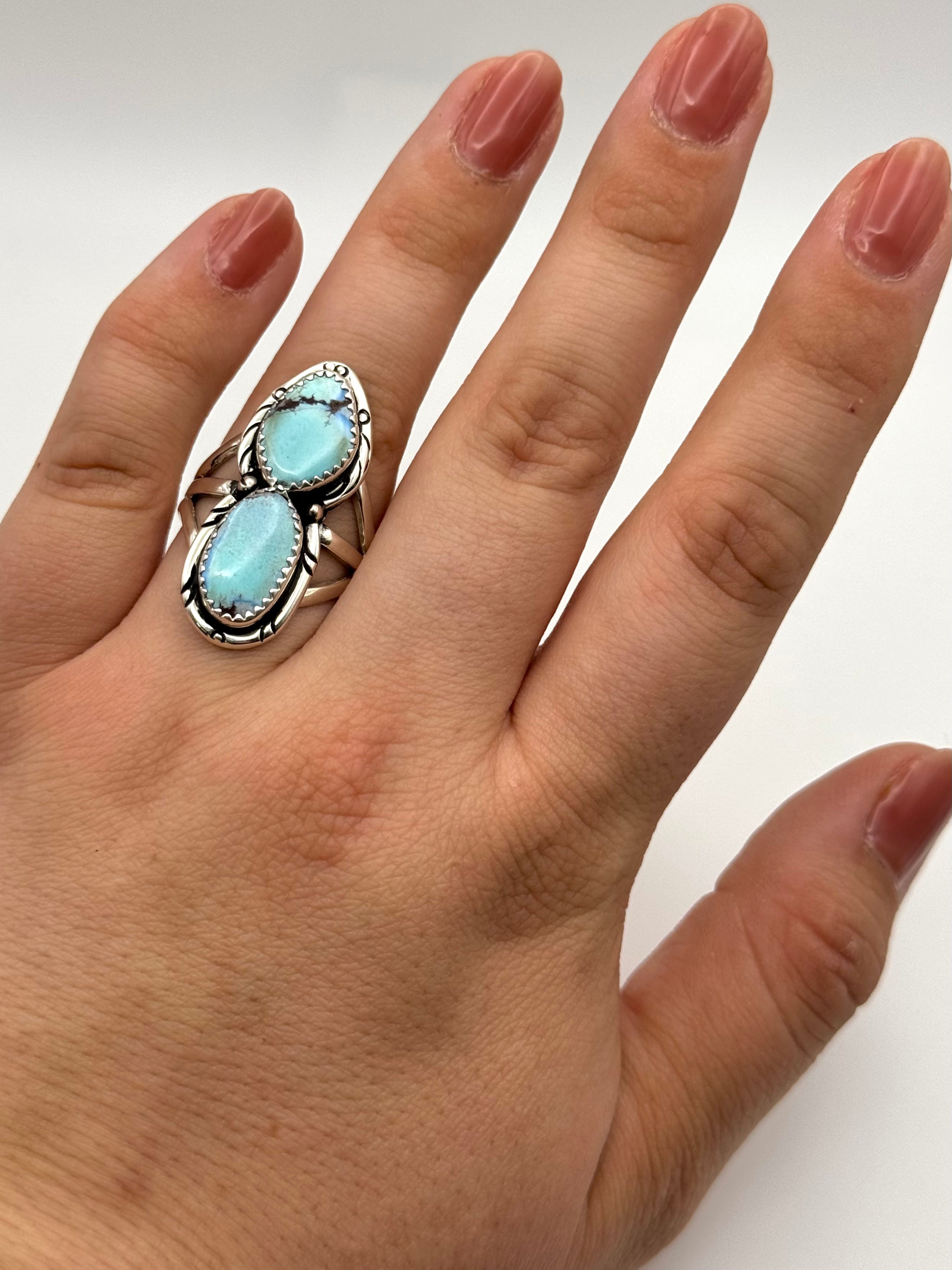 •GOLDEN HILL TURQUOISE - 1• Navajo silver double stone ring (size 8.75)