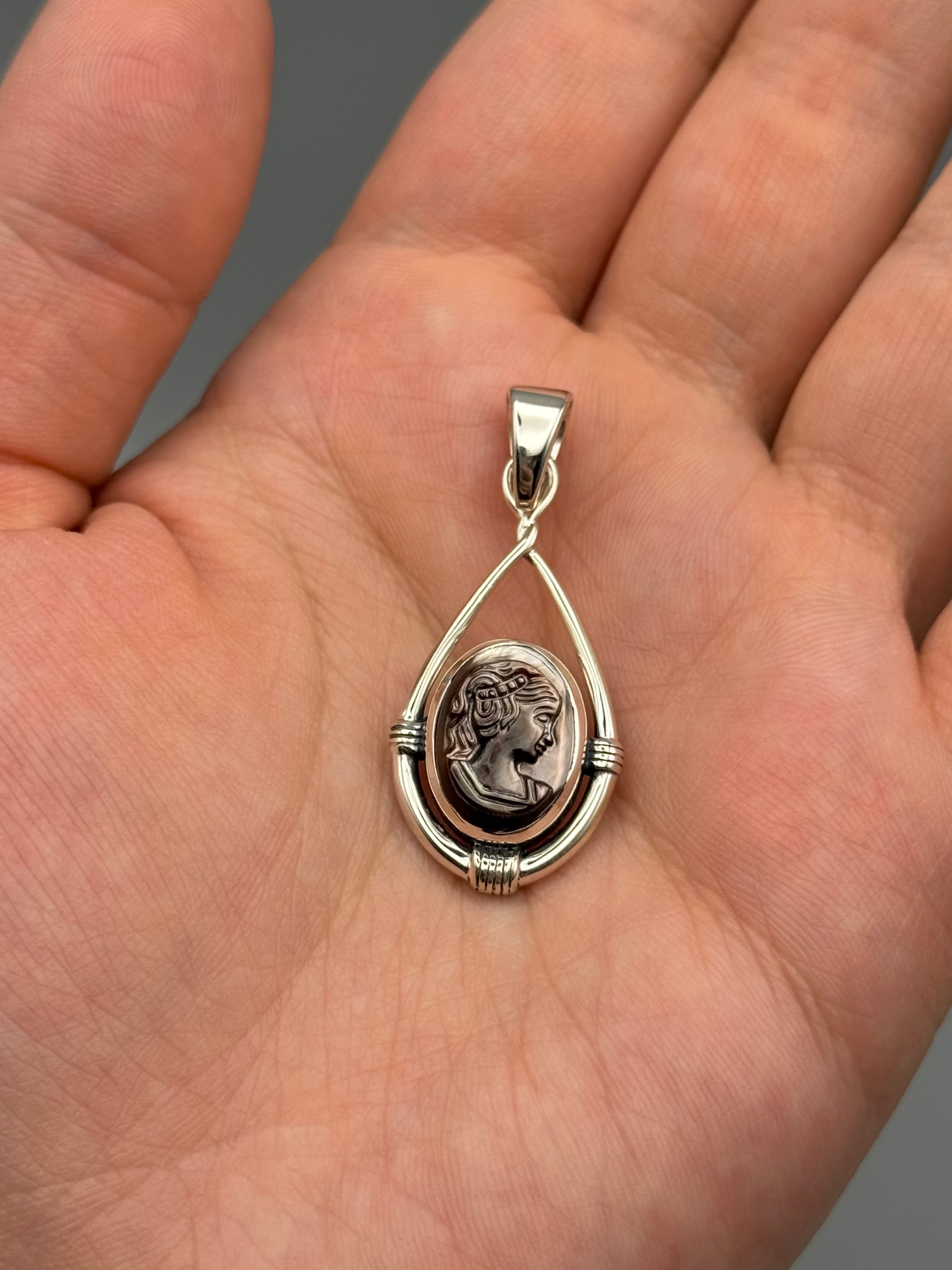 •MOTHER OF PEARL CAMEO - HITCHED - 2• sterling silver pendant