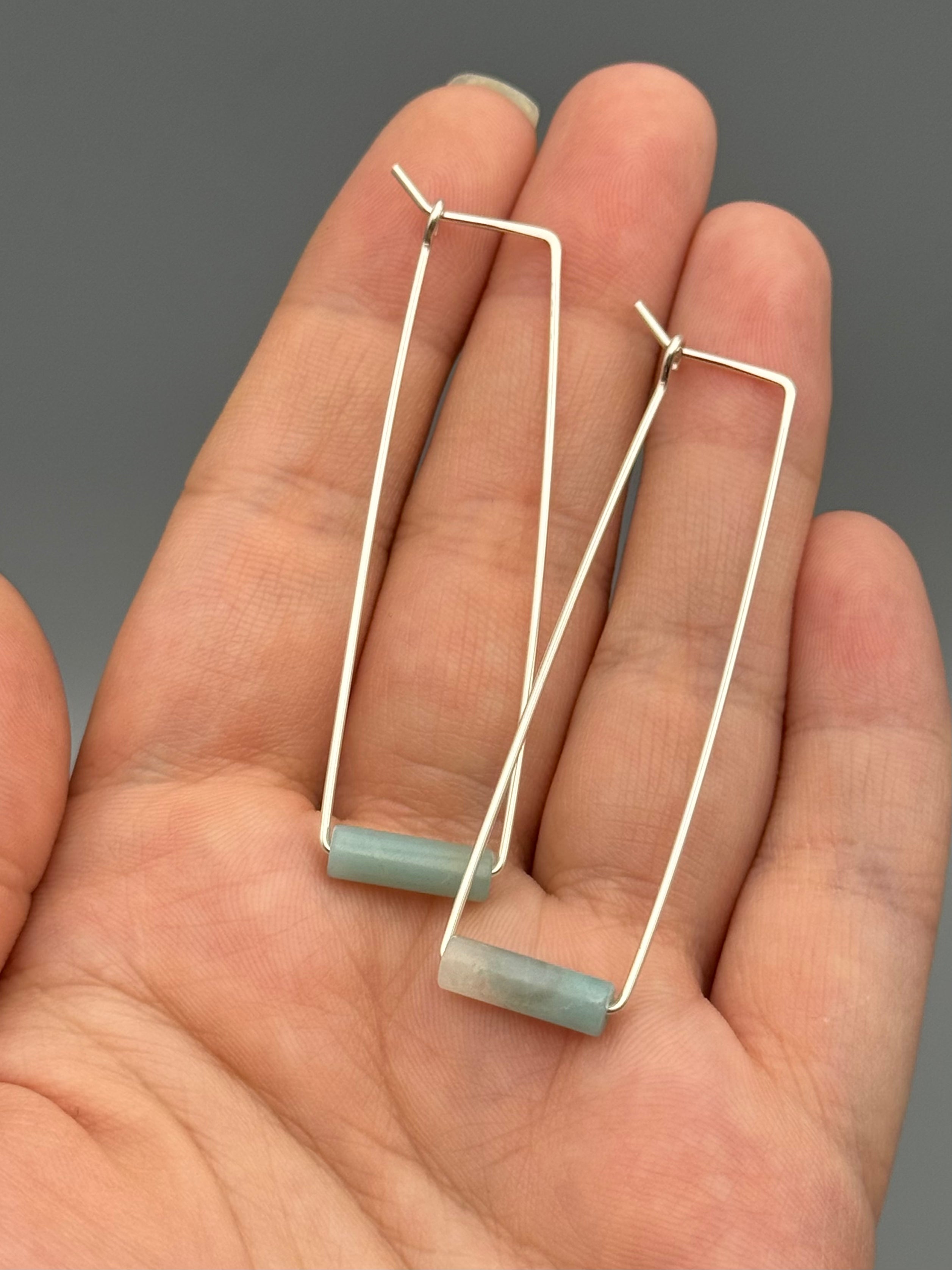 •RECTANGLE TUBE HOOP• aquamarine + silver earrings