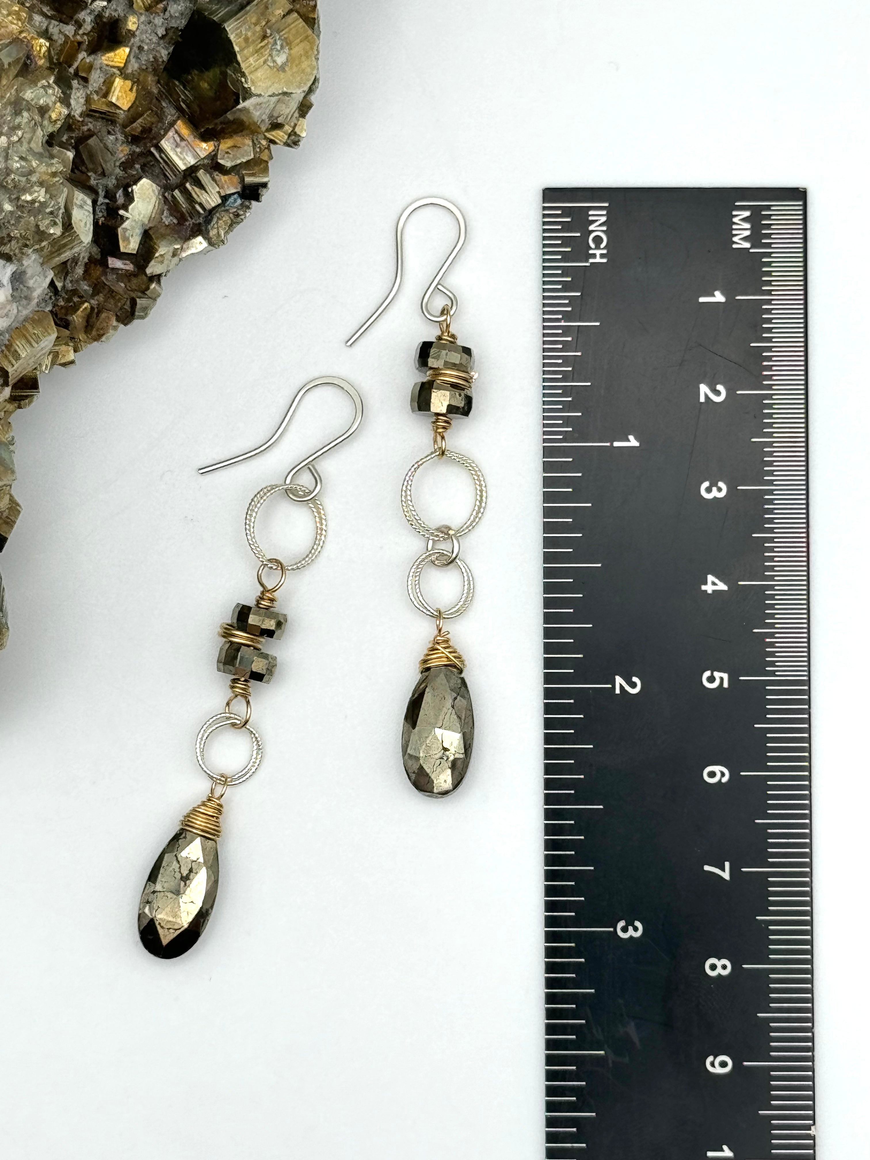 •ASYMMETRIC LINKED DROP• pyrite + mixed metal dangle earrings