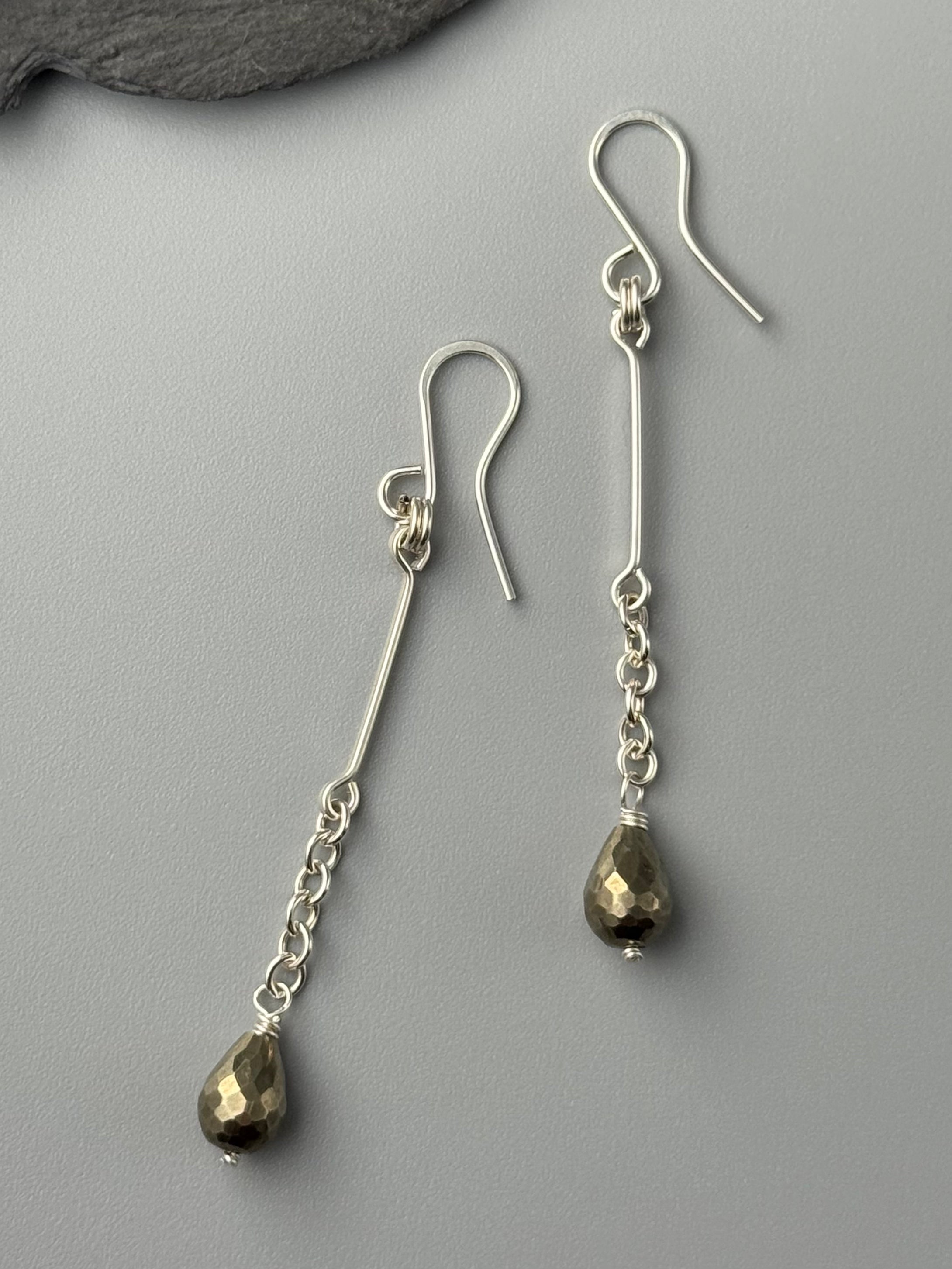 •LINEAR DROP• pyrite + silver dangle earrings