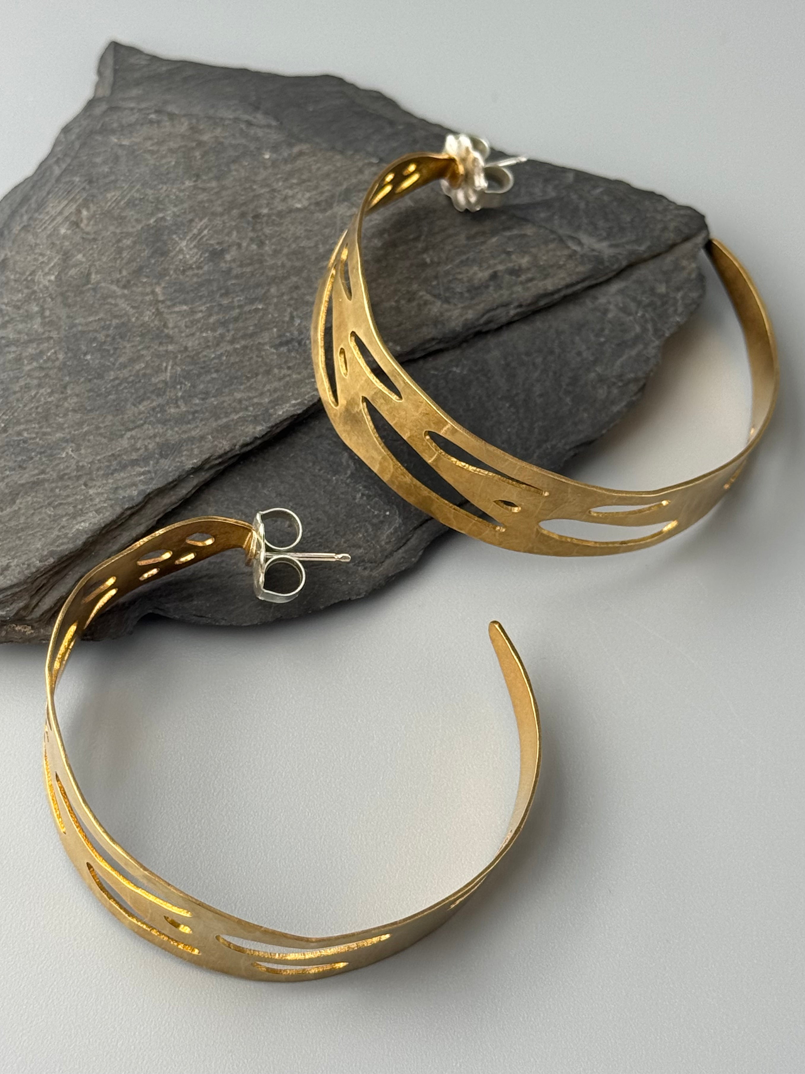 •XL MONSTERA HOOPS• brass + silver post earrings