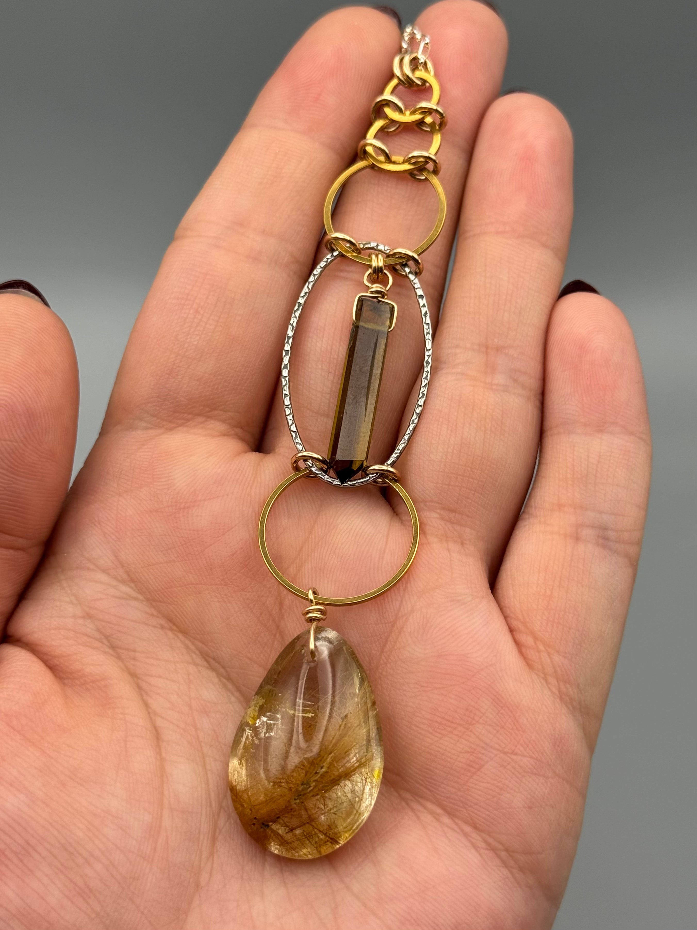 •EOWYN• tourmaline + rutilated quartz mixed metal necklace (26"-28" long)