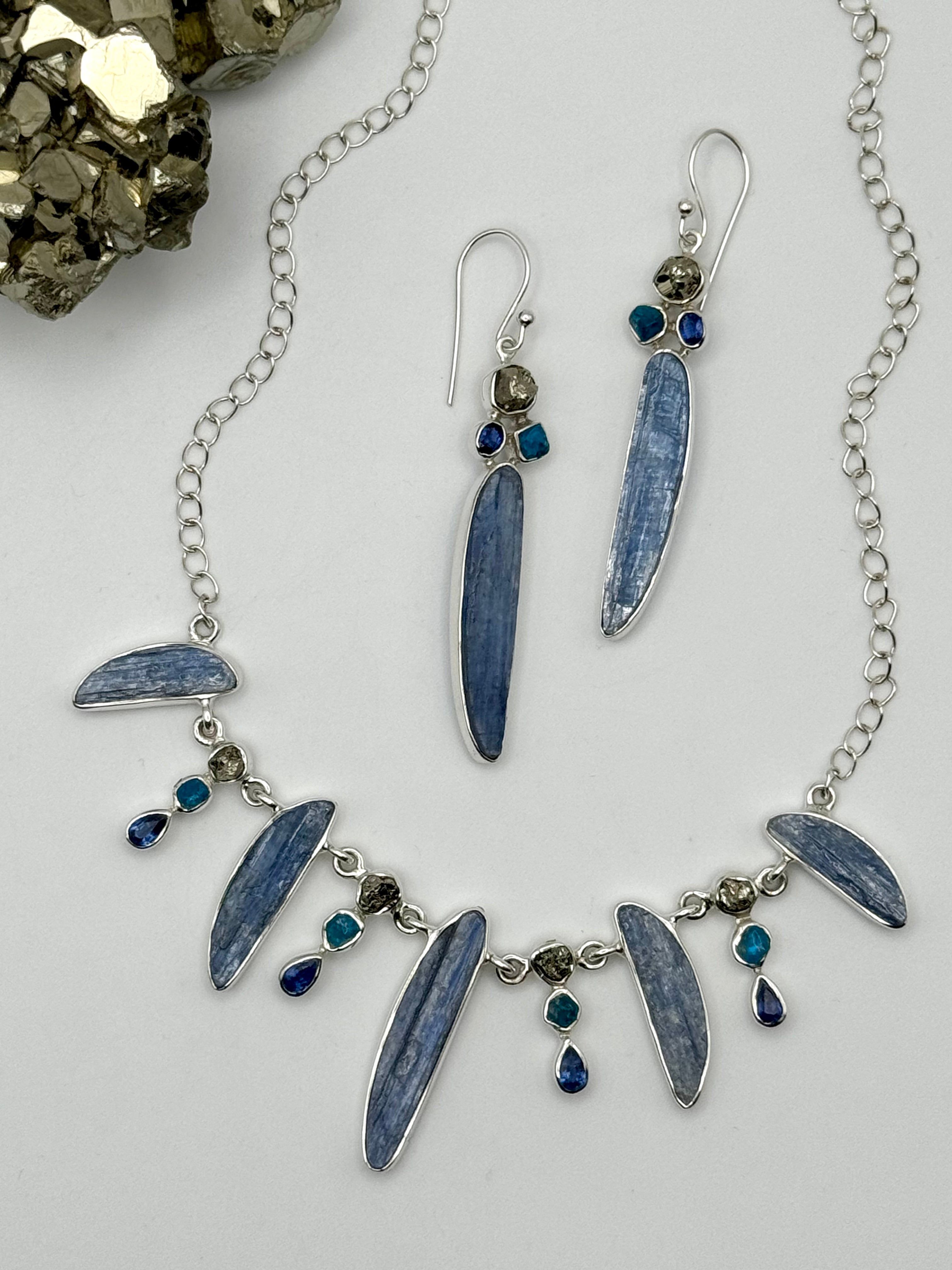 •KYANITE + PYRITE + APATITE• multi-stone + silver necklace (ADJ to 18")