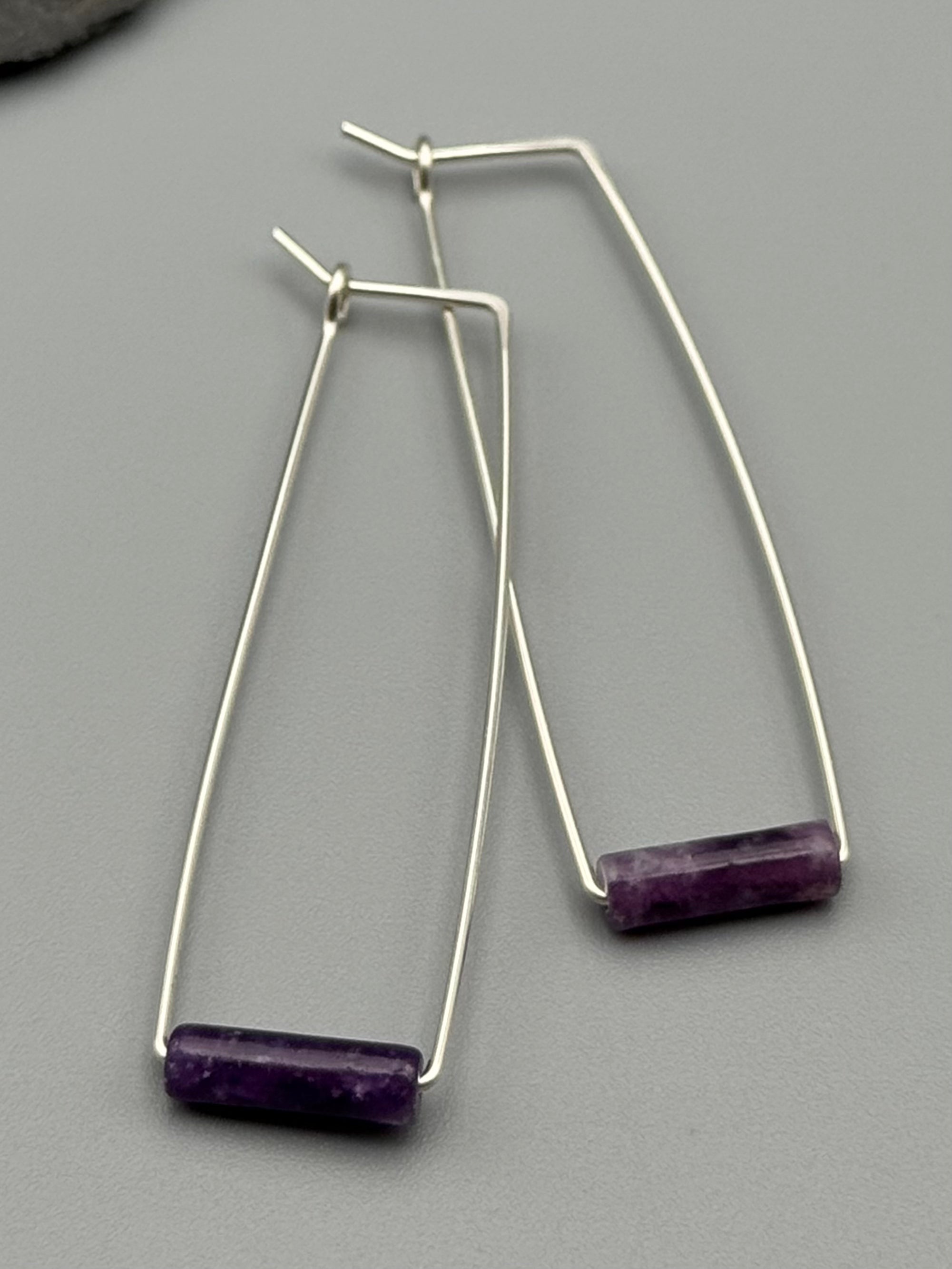 •RECTANGLE TUBE HOOP• amethyst + silver earrings