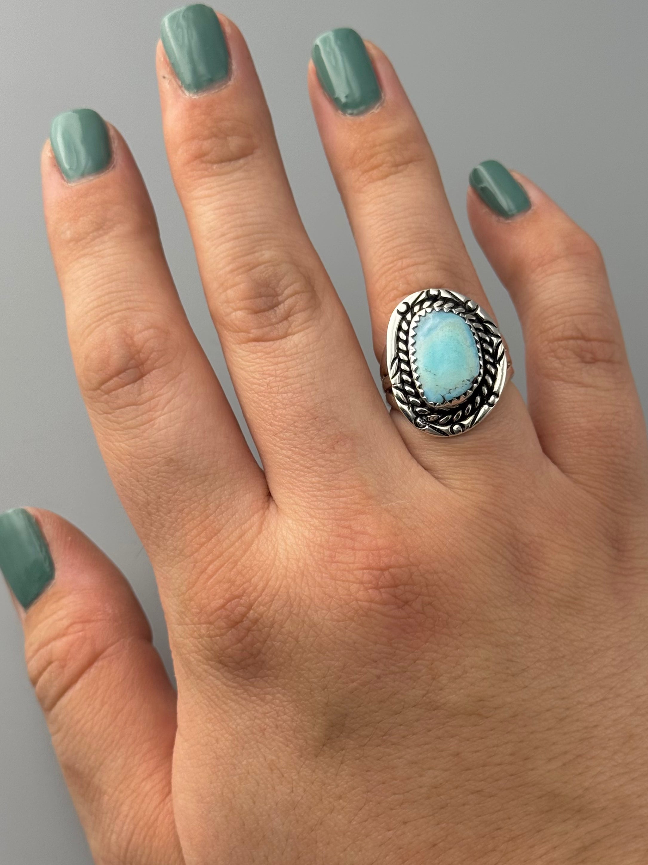 •GOLDEN HILL TURQUOISE - MOUNTAIN SUN• Navajo silver ring (size 7)