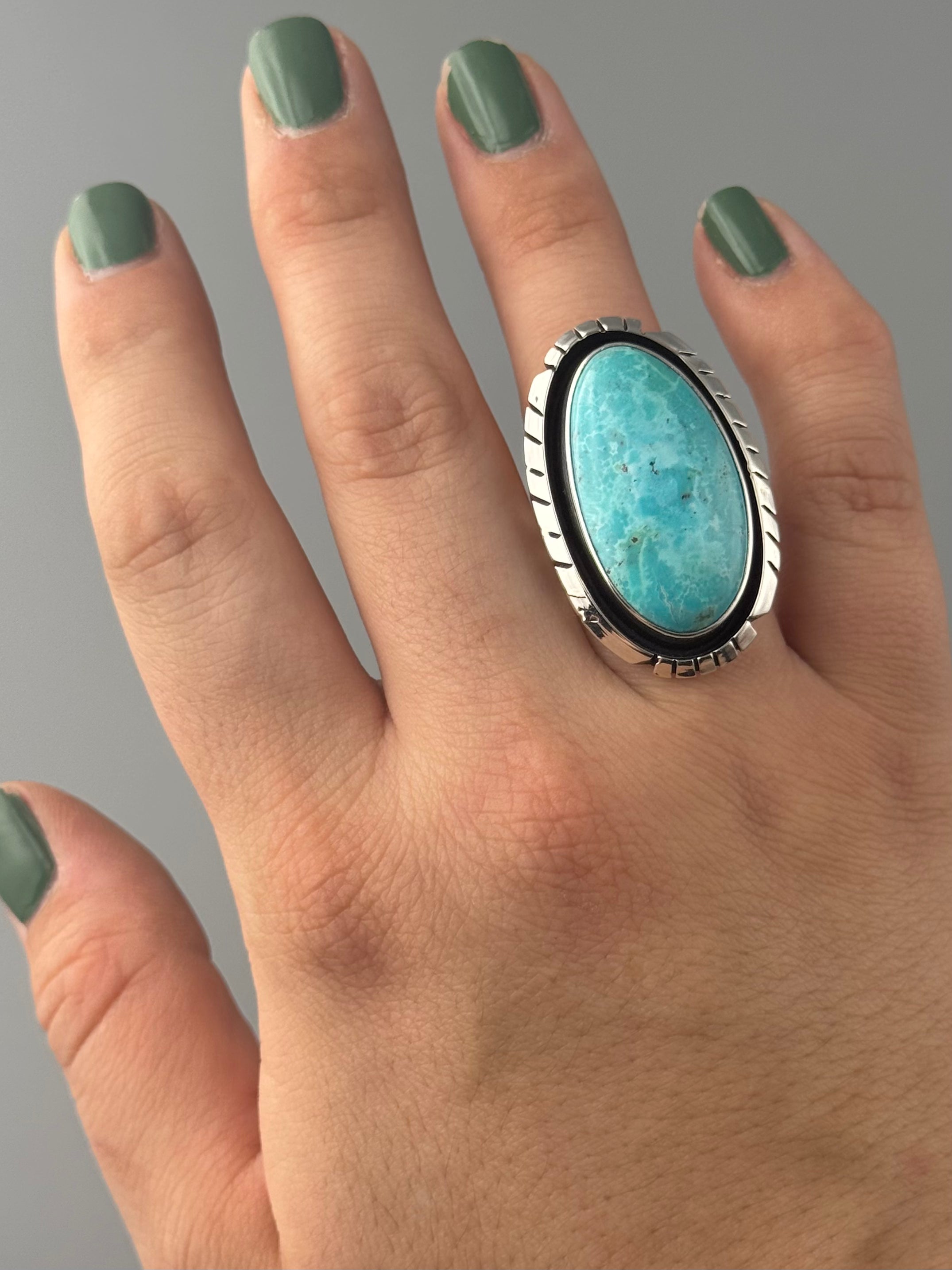 •KINGMAN TURQUOISE - ATSAH• Navajo silver ring (size 6.5)