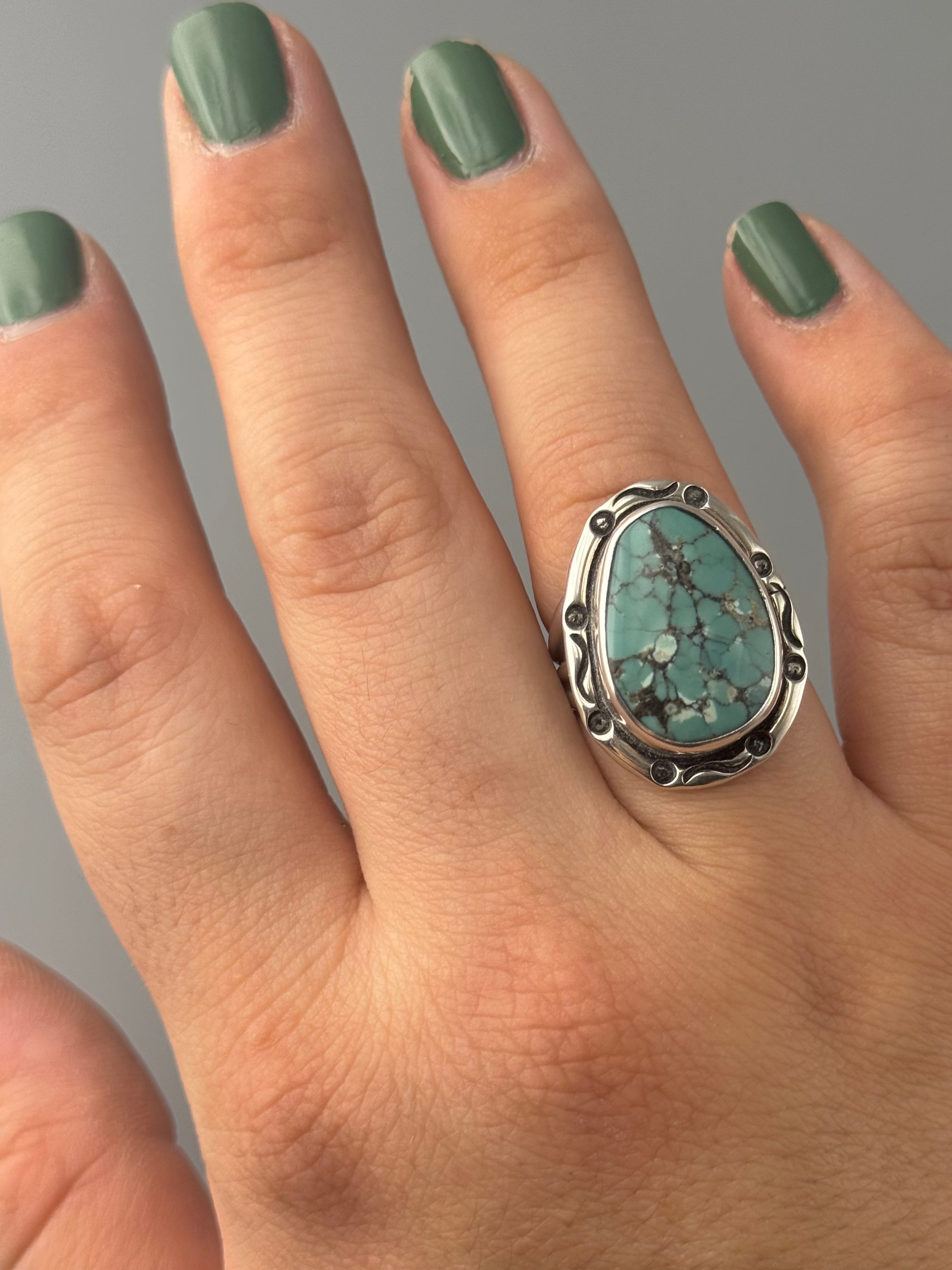 •CHINESE TURQUOISE - SMUDGE• Navajo silver ring (size 8)
