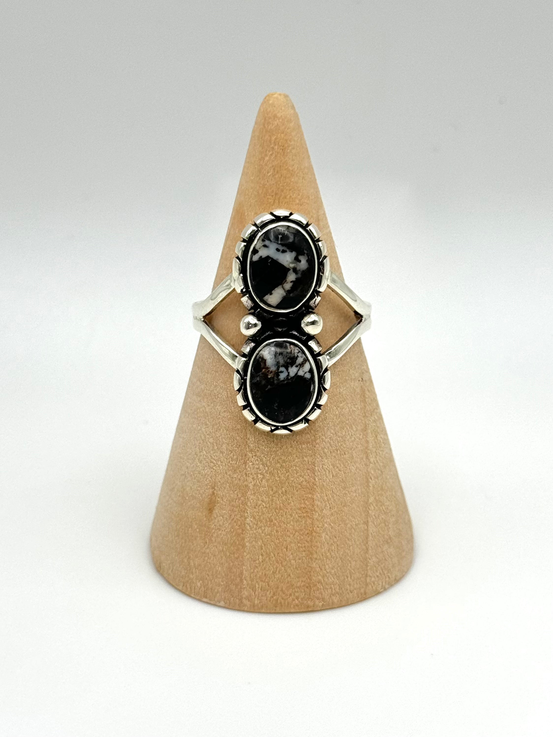 •WHITE BUFFALO TURQUOISE• Navajo silver double stone ring (size 7.75)