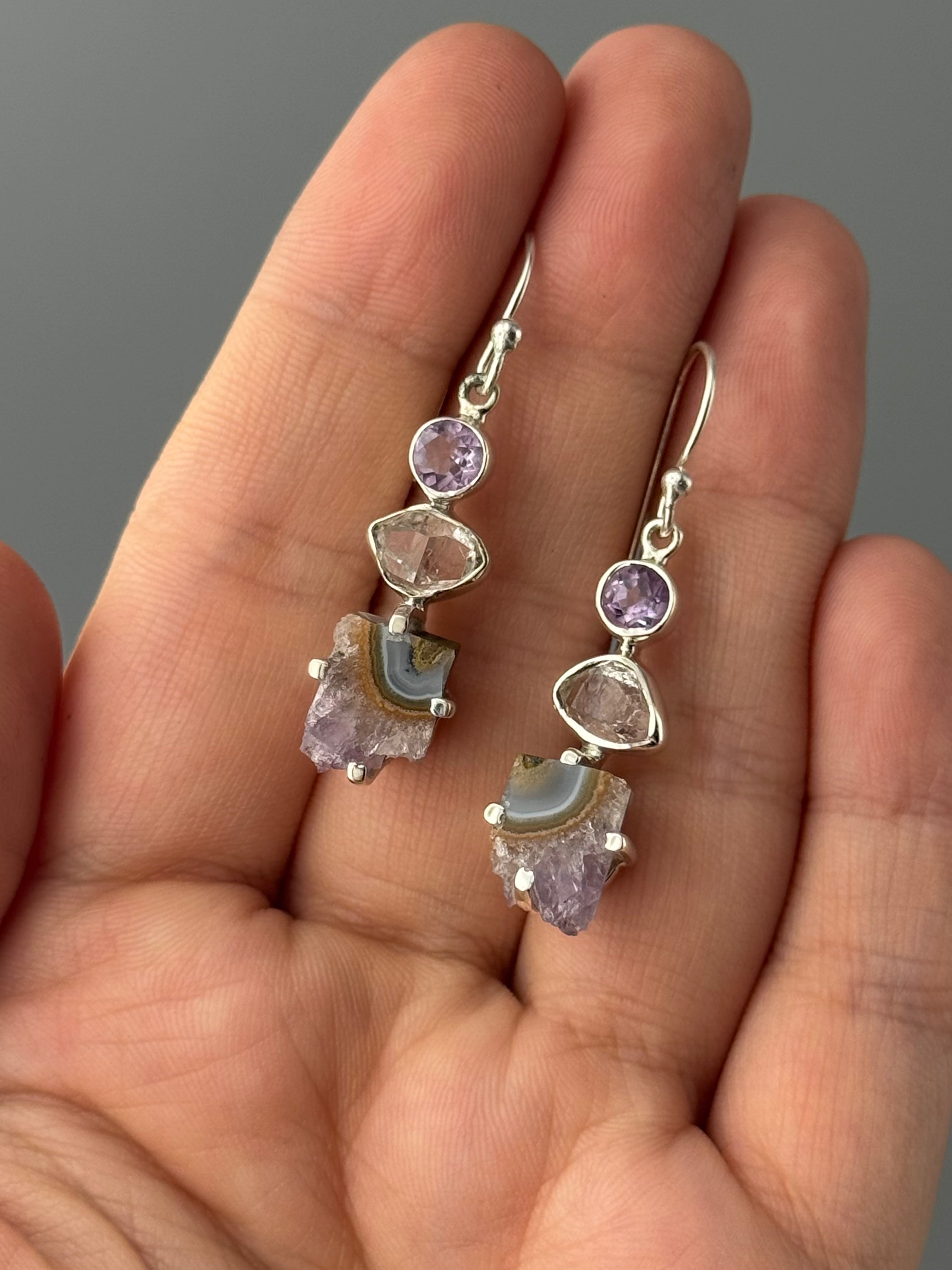 •AMETHYST + HERKIMER DIAMOND - FREEFORM STACK• silver dangle earrings