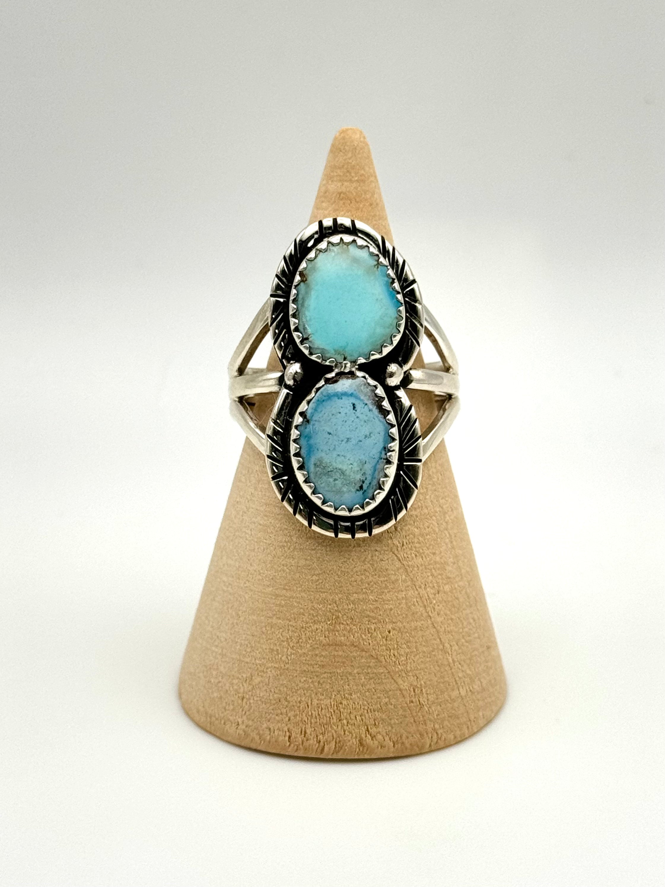 •GOLDEN HILL TURQUOISE - 2• Navajo silver double stone ring (size 7.5)