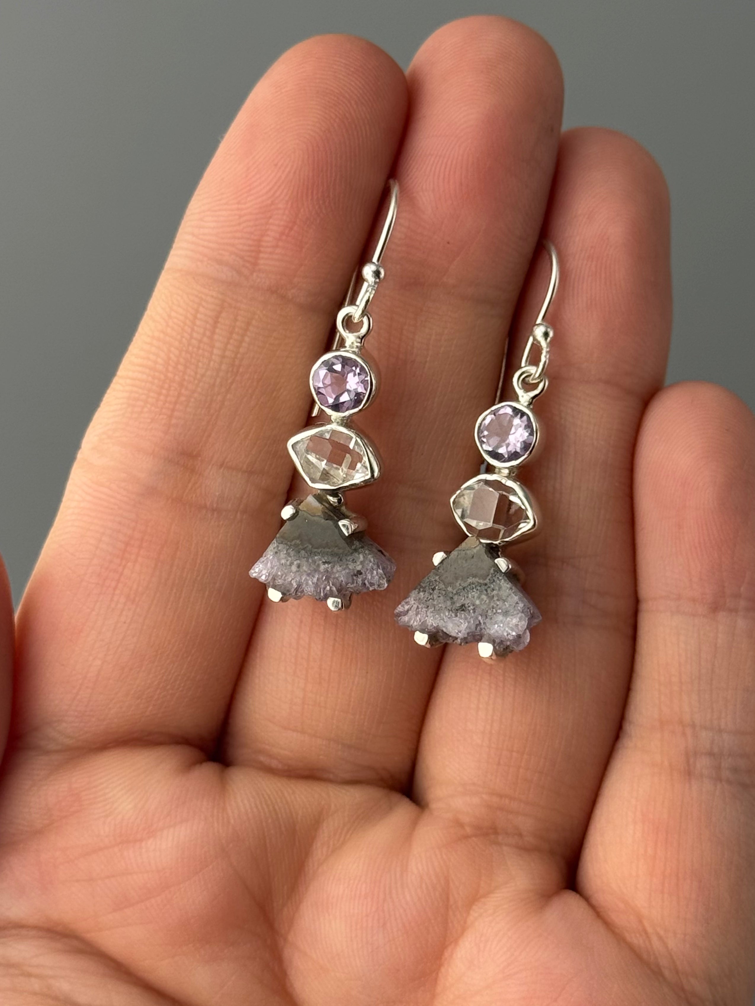•AMETHYST + HERKIMER DIAMOND - TRIANGLE STACK• silver dangle earrings