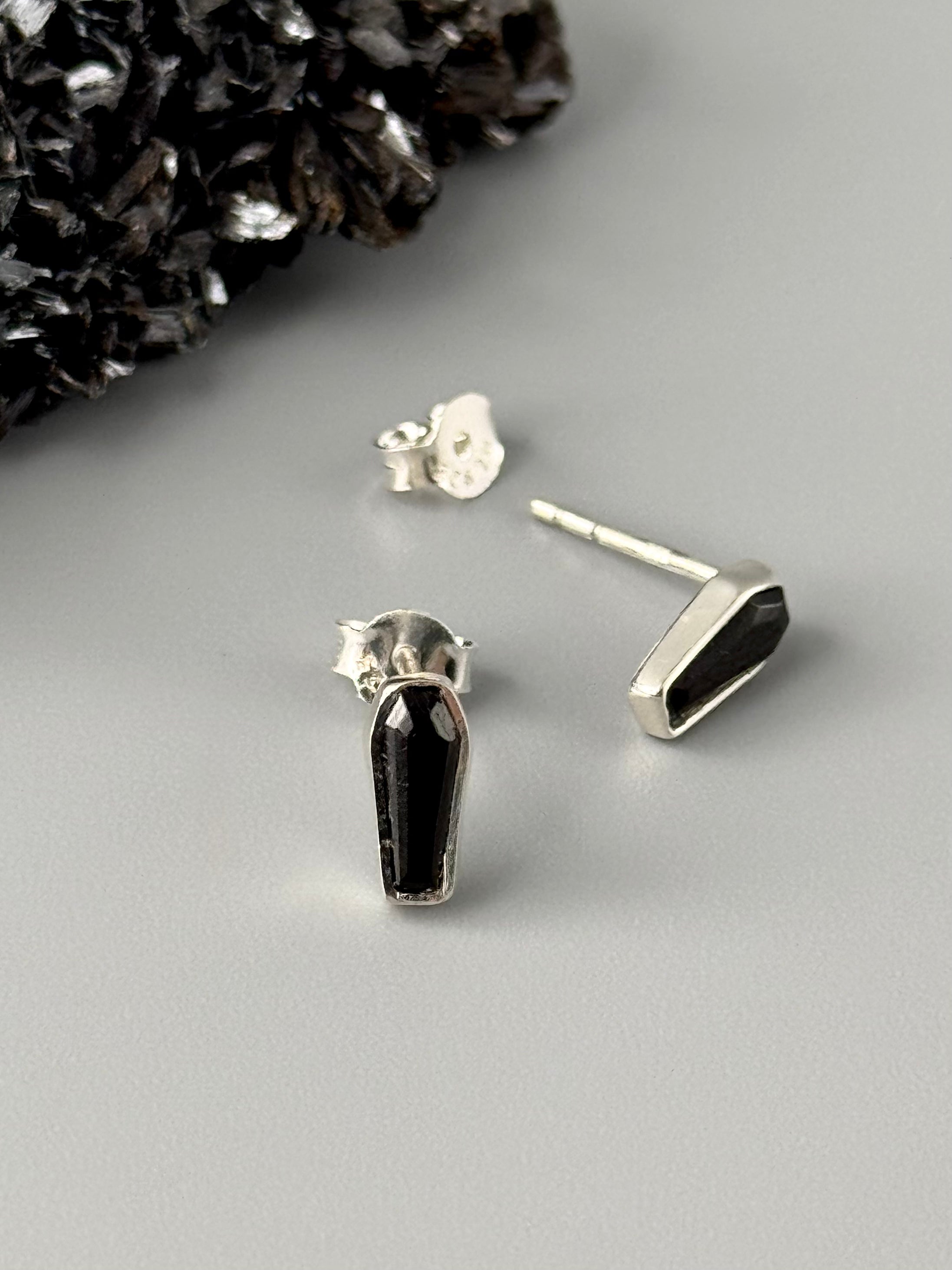 •BLACK TOURMALINE - LIL' COFFINS• silver stud earrings