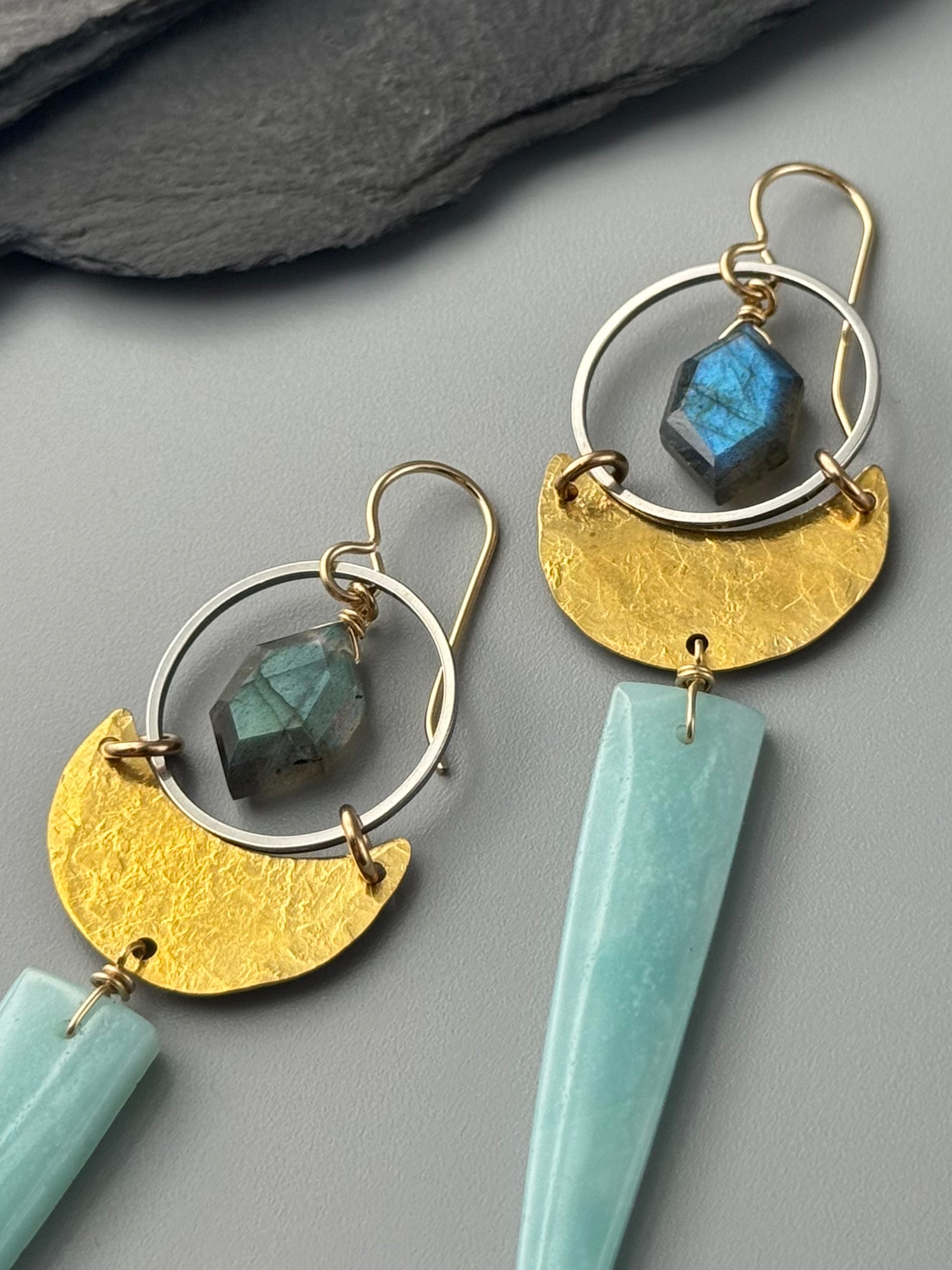 •MOON SHADOW• labradorite + amazonite mixed metal earrings