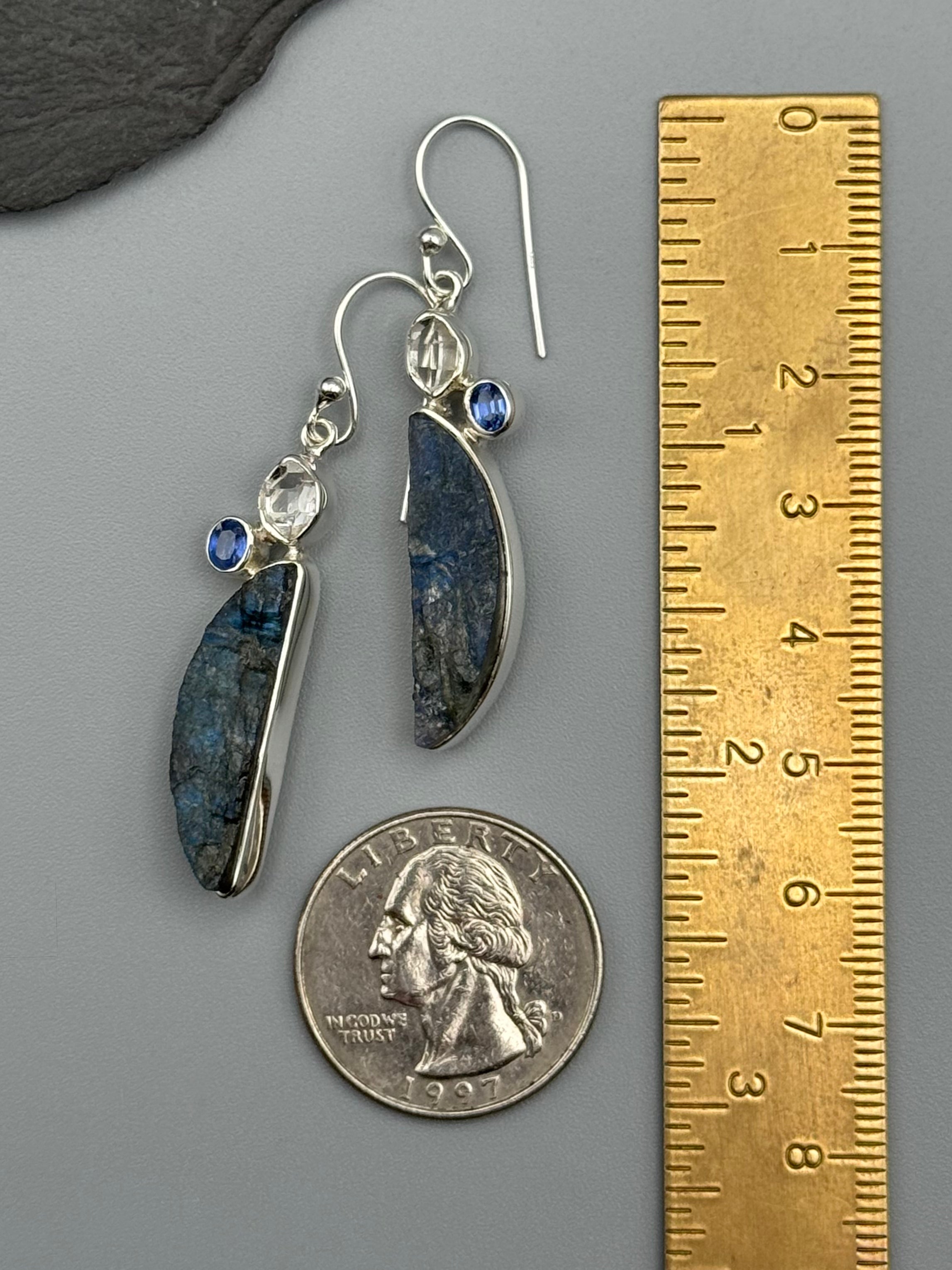 •LABRADORITE + KYANITE + HERKIMER• silver dangle earrings