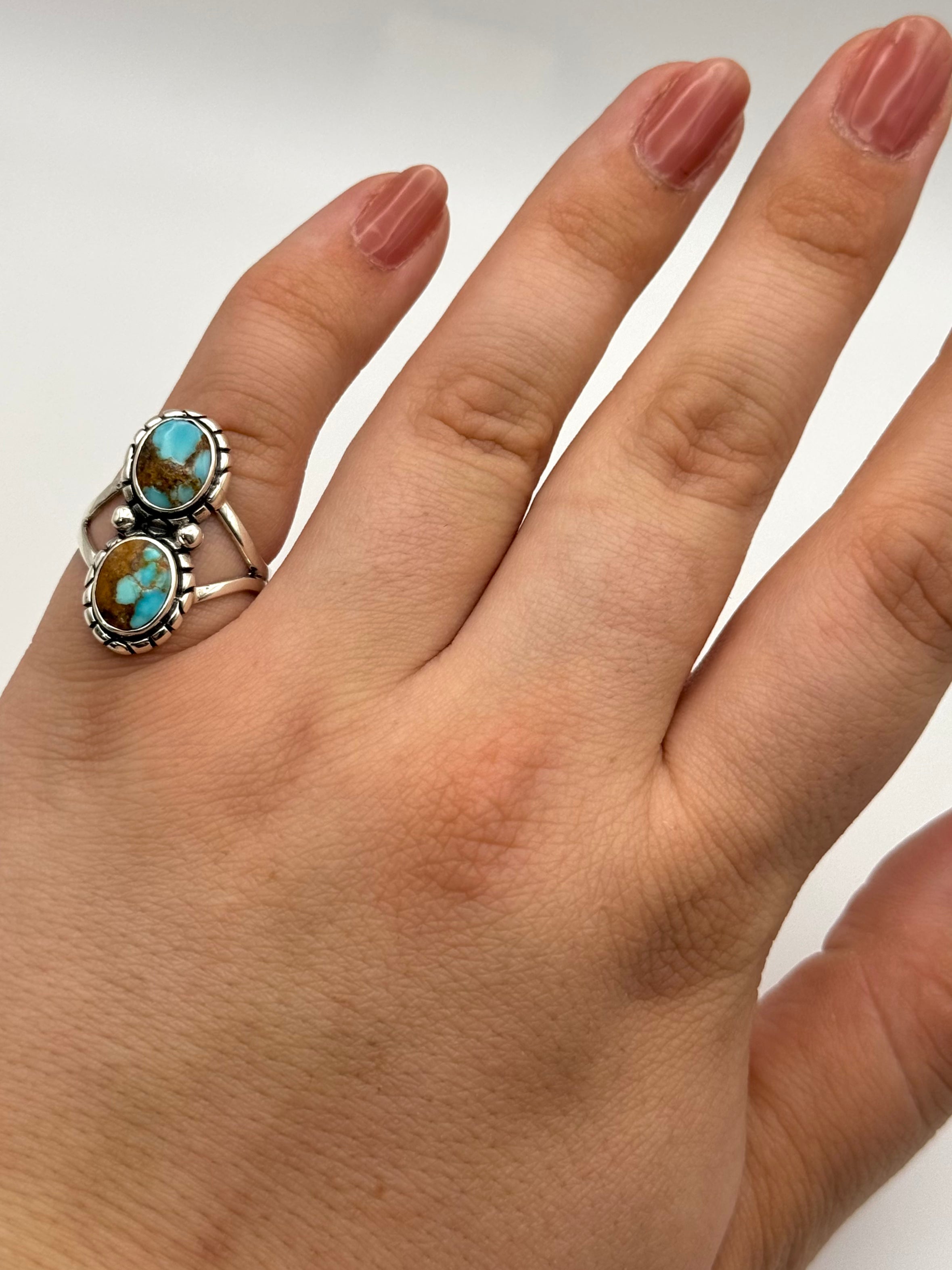 •#8 NEVADA TURQUOISE• Navajo silver double stone ring (size 6.5)