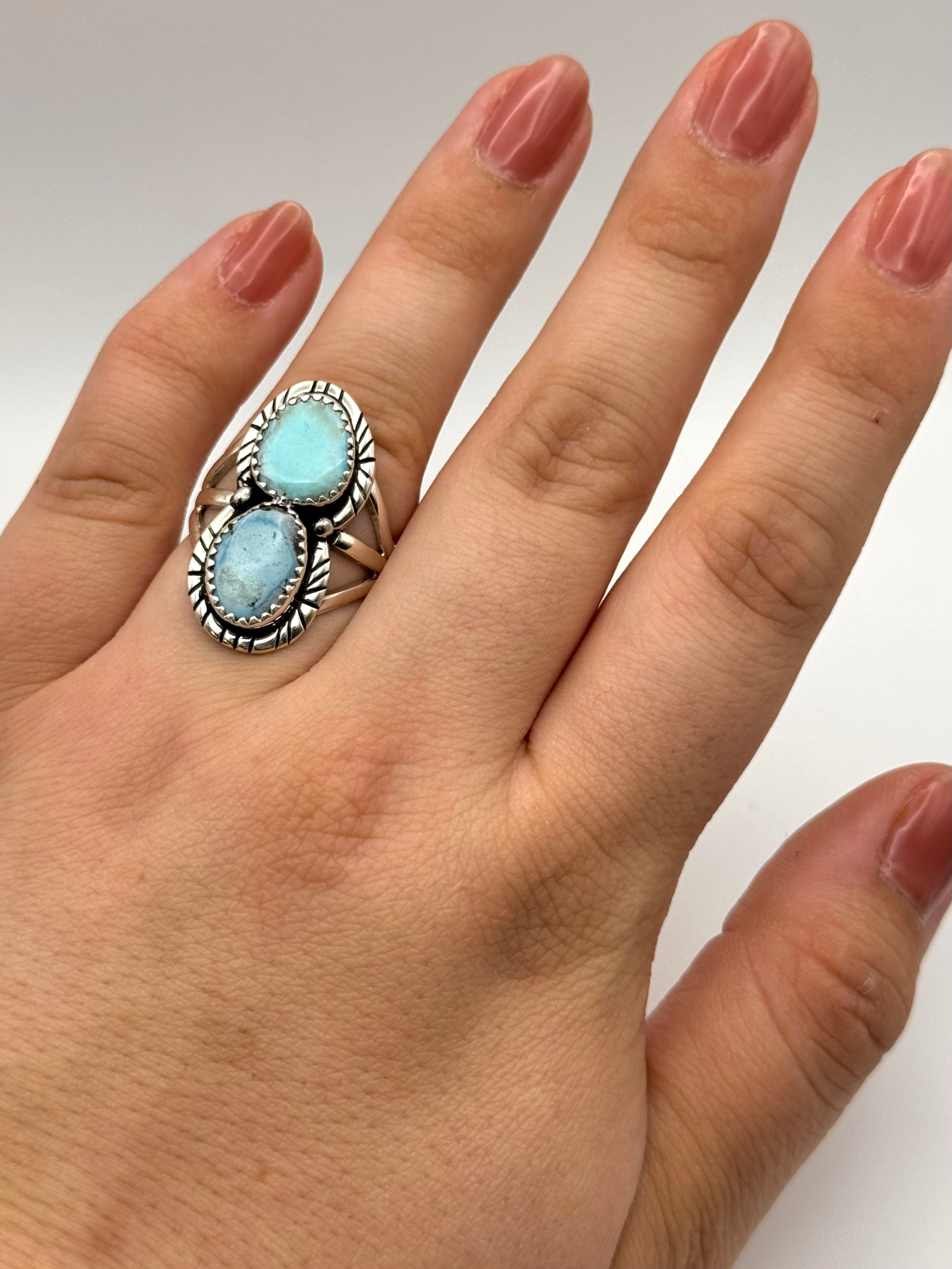 •GOLDEN HILL TURQUOISE - 2• Navajo silver double stone ring (size 7.5)