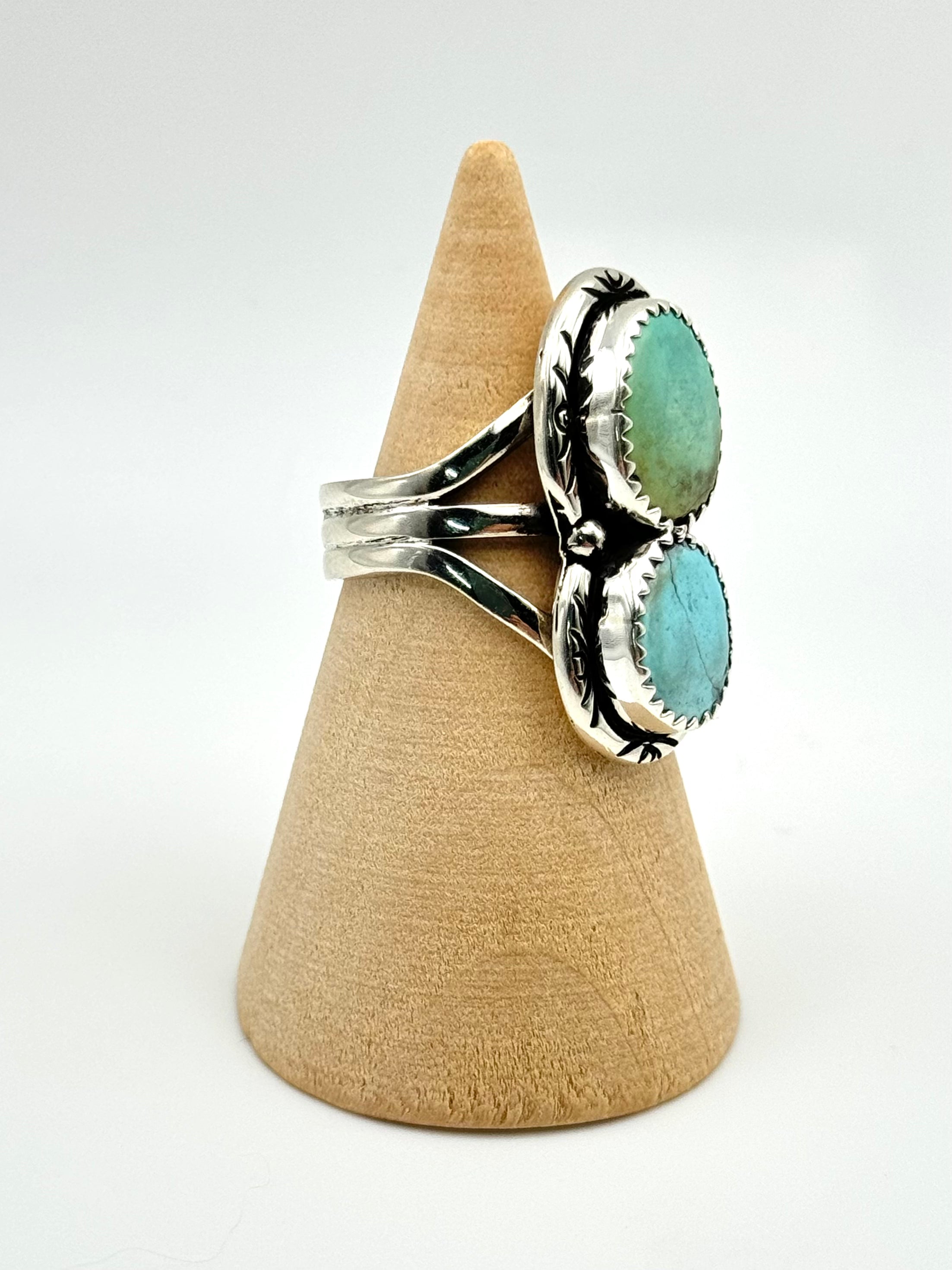 •GOLDEN HILL TURQUOISE - 2• Navajo silver double stone ring (size 6.5)